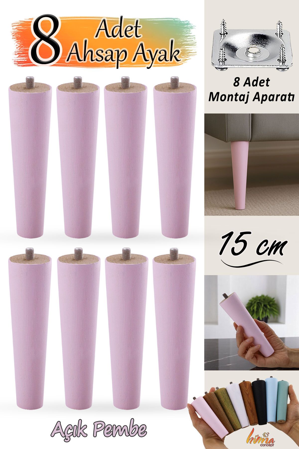 GLASWEN 8 Adet Ahşap Ayak 15 Cm Açık Pembe M8 Civatalı Bağlantı Aparatlı Mobilya Koltuk Kanepe Destek Ayağı