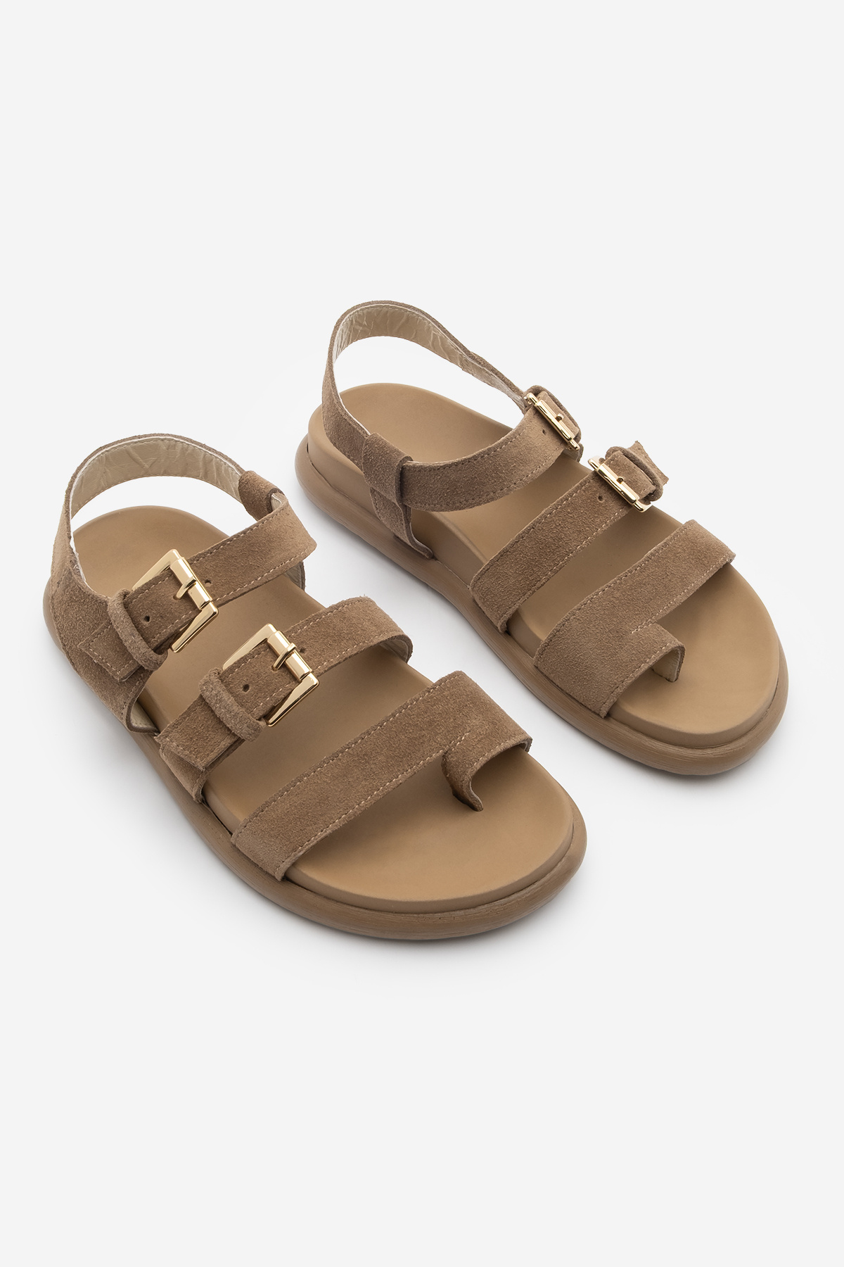 Marjin-Women's Genuine Leather Strappy Flip Flops Daily Sandals Dezit Camel Suede 5