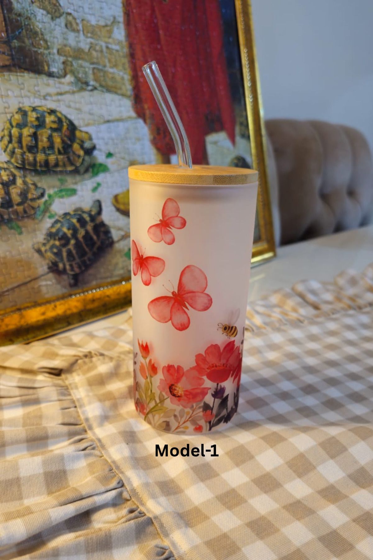 Crafto Bambu Kapaklı Ve Cam Pipetli Özel Baskı Cam Suluk