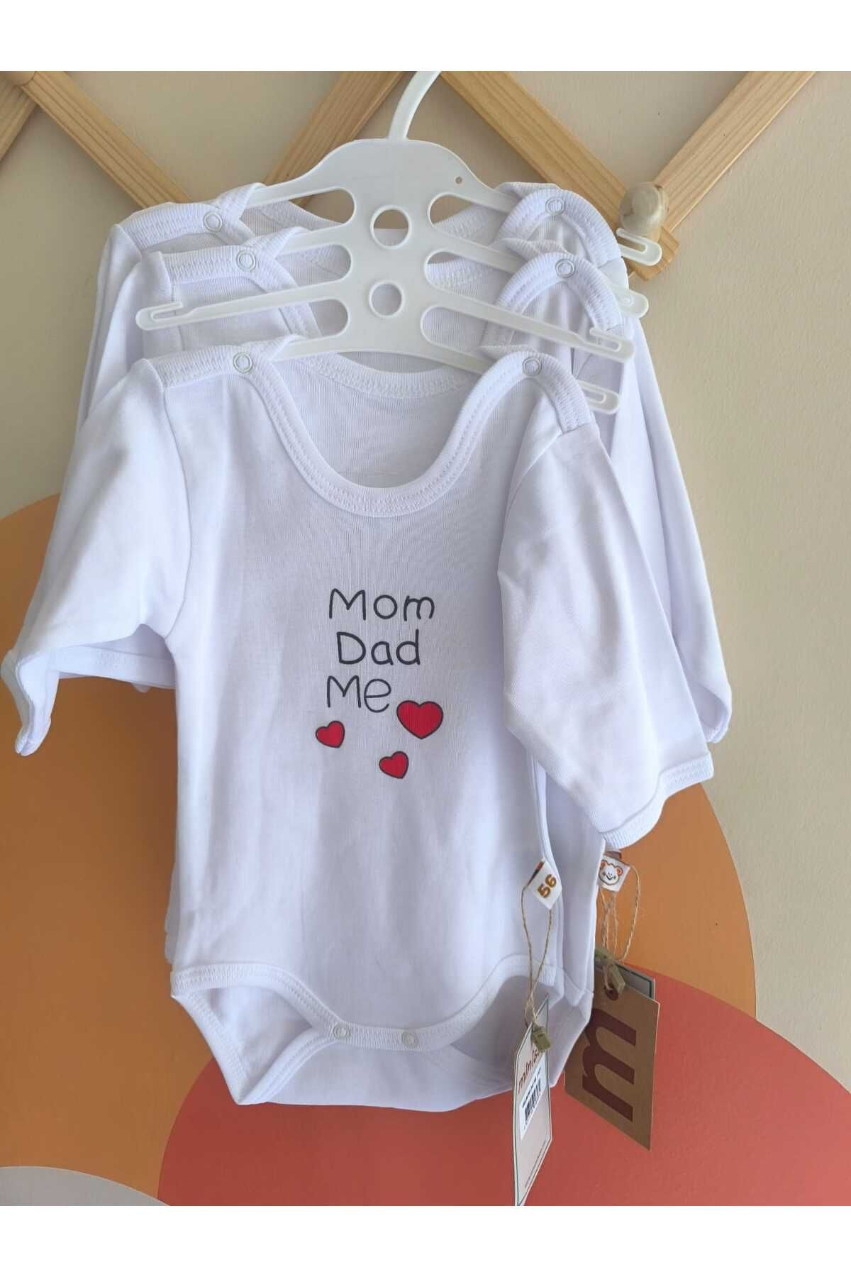Minisse MOM&DAD&ME Baskılı 100% Pamuk Uzun Kollu Çıtçıtlı Bebek Zıbın