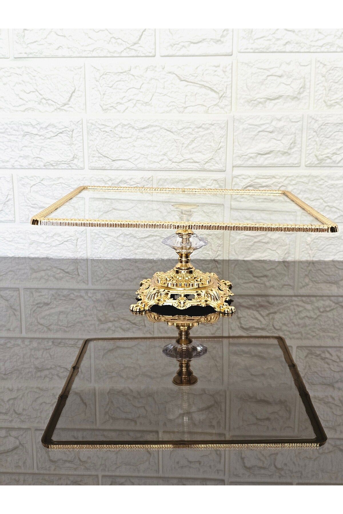 atabey home-Glass Large Square Serving Plate-Presentation Plate-Speech Tray-Presentation Tray-Dumped Gold Frame 27cm 3