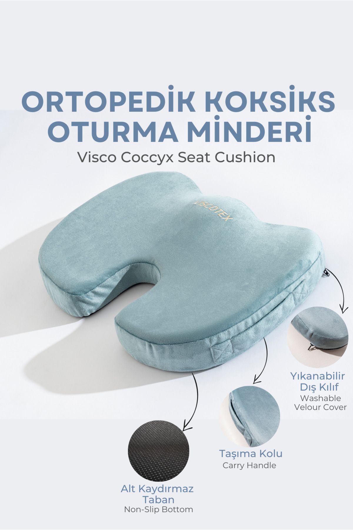 VİSCOTEX Visco Ortopedik, Kaydırmaz Tabanlı, Ofis, Araba, Koksiks Oturma Minderi, 45x34x7cm