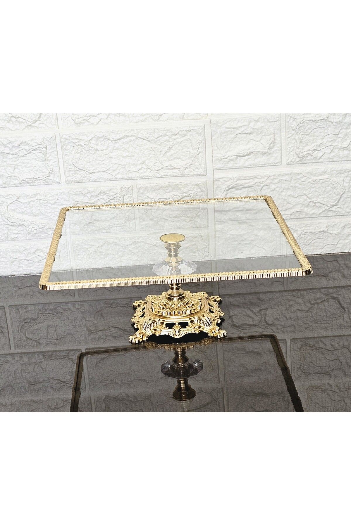 atabey home-Glass Large Square Serving Plate-Presentation Plate-Speech Tray-Presentation Tray-Dumped Gold Frame 27cm 5