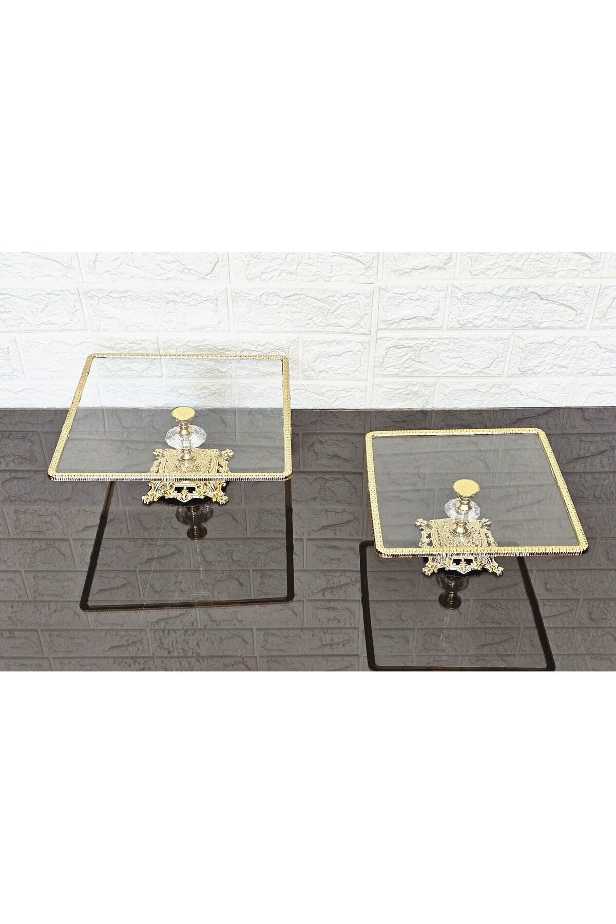 atabey home-Glass 2-Pack Square Serving Plate-Presentation Plate-Speech Tray-Presentation Tray-Dump Gold Frame 22+27cm 7