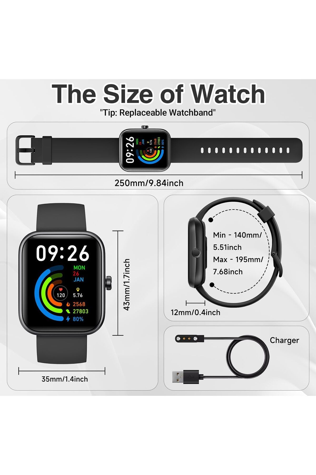 Singlait-Ceas smartwatch, Singlait QS7, 1.85inch,sporturi multiple, ritm cardiac,notificari, termometru, apel 5