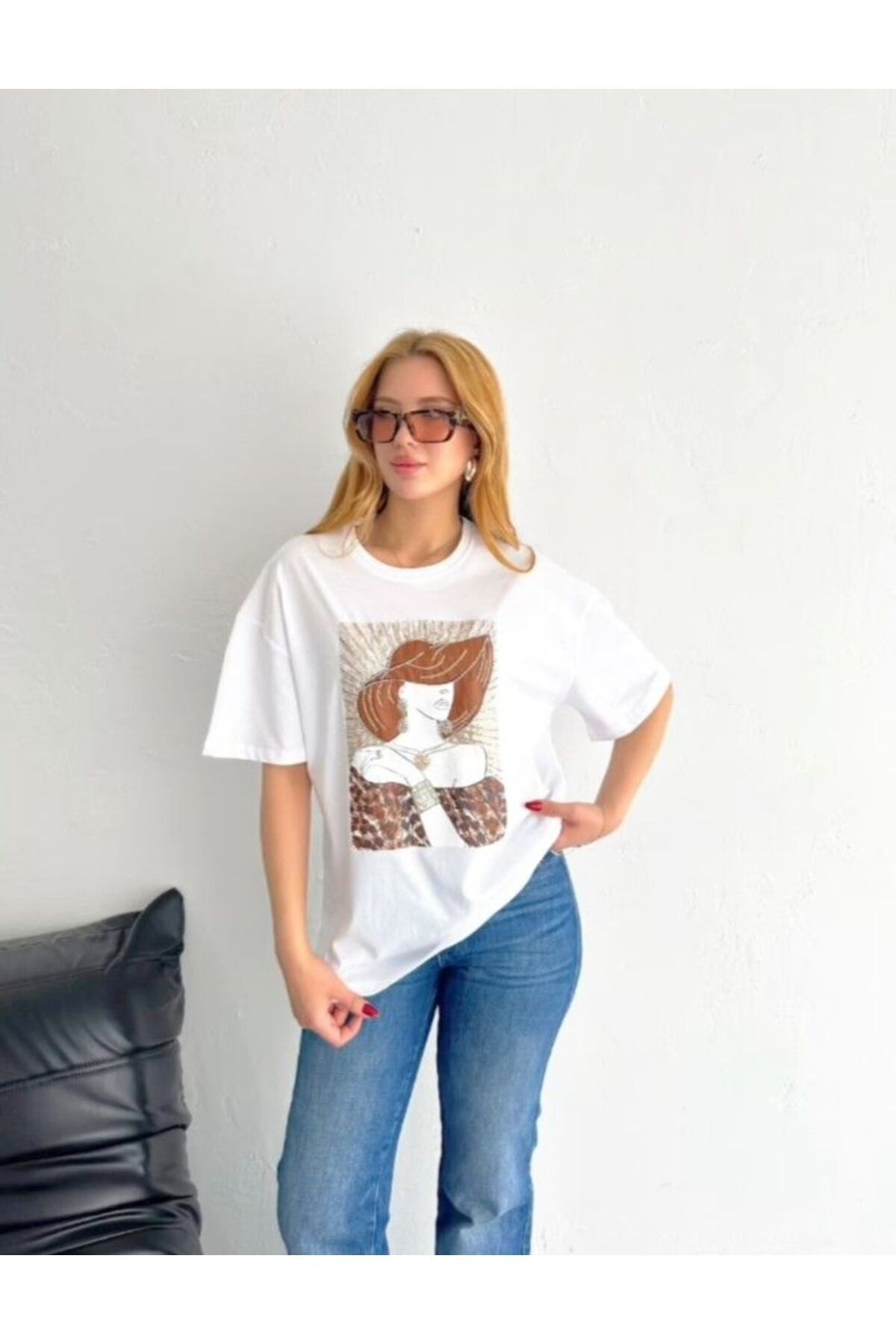JANSO GROUP - KADIN KISA KOLLU TSHIRT BASKILI PAMUKLU OVERSİZE