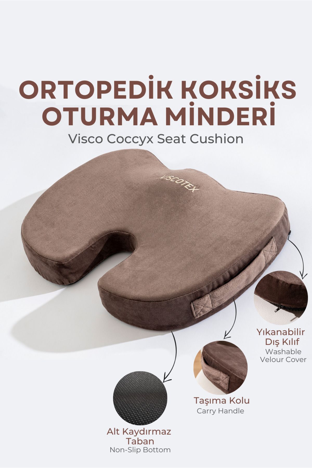 VİSCOTEX Visco Ortopedik, Kaydırmaz Tabanlı, Ofis, Araba, Koksiks Oturma Minderi, 45x34x7cm
