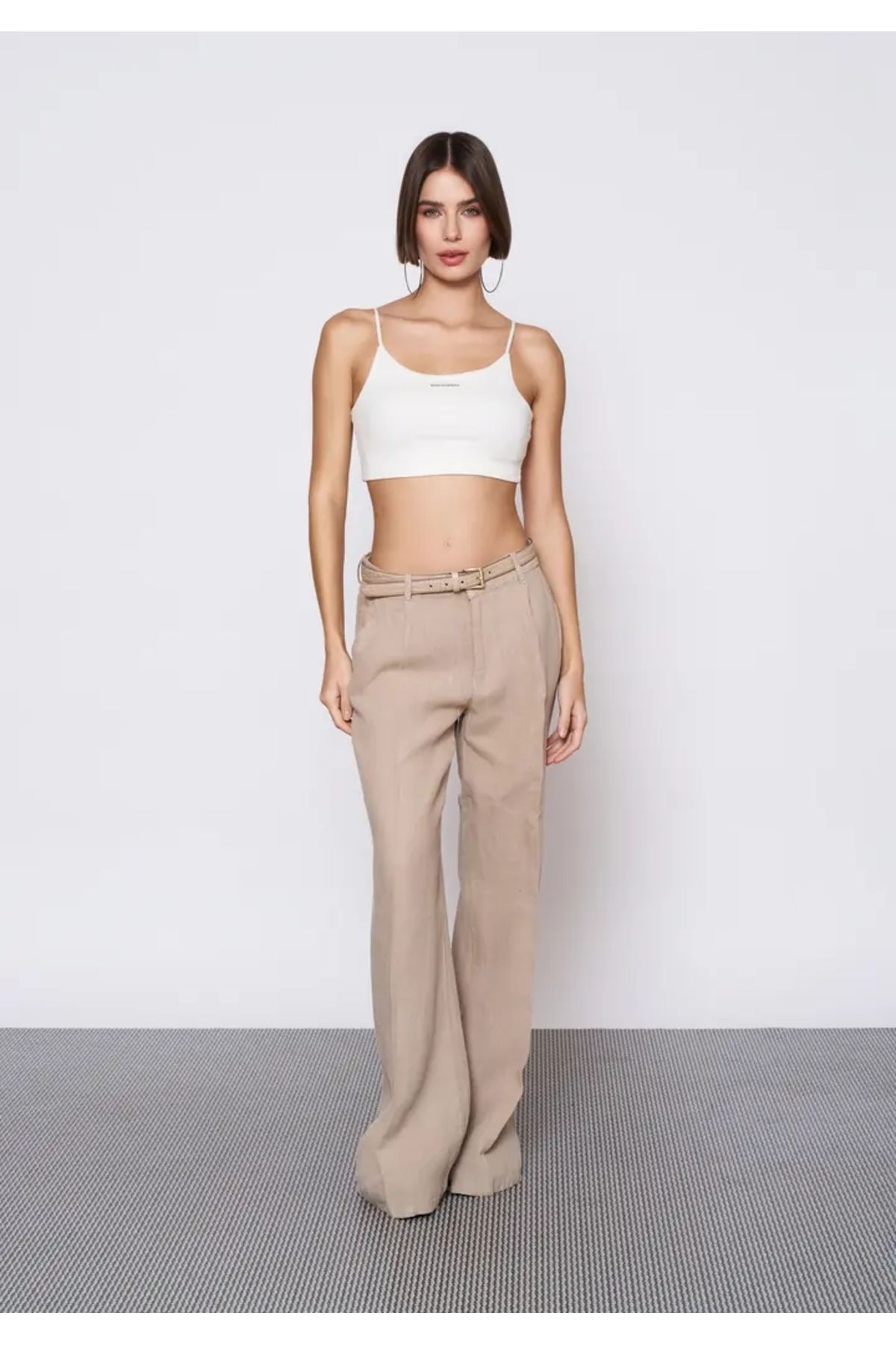 EUROFASHION Kemerli İspanyol Bej Keten Pantolon