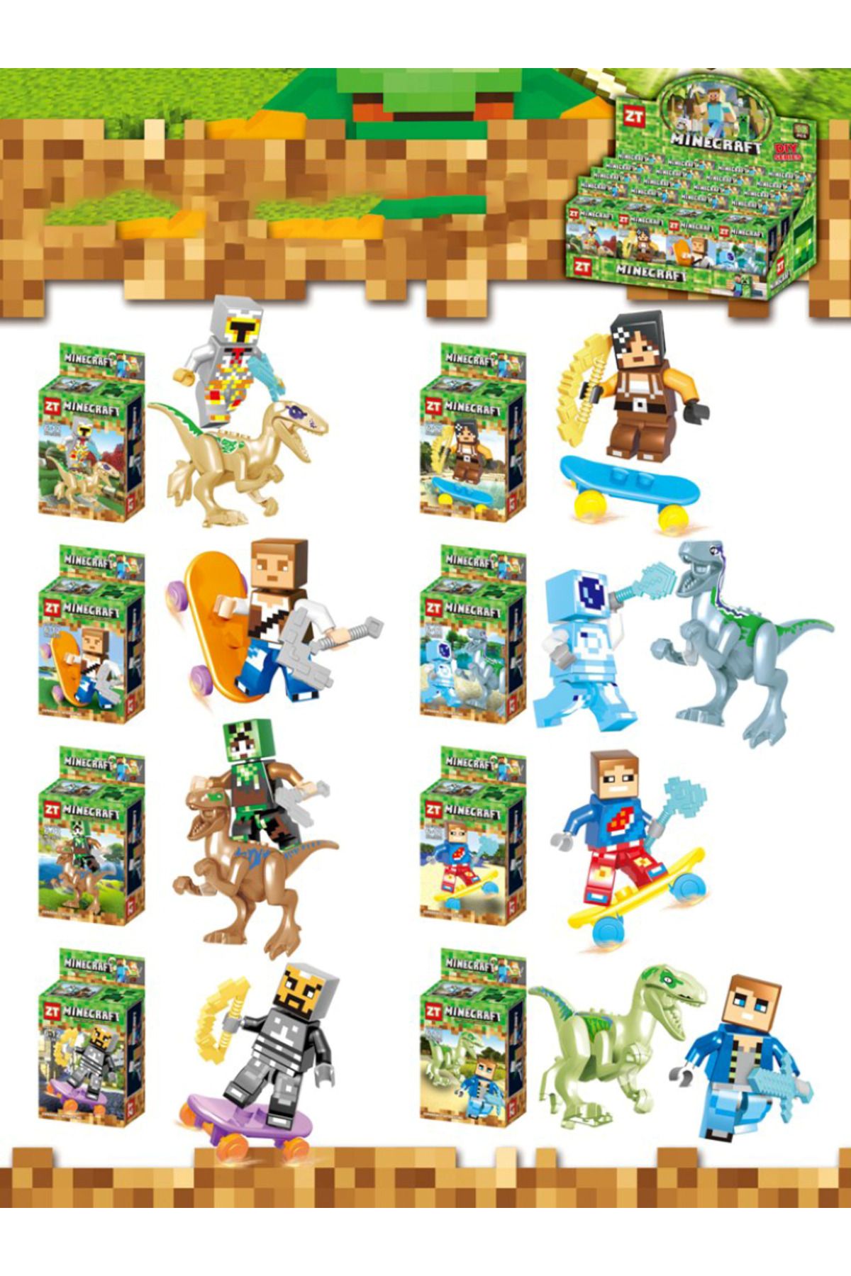Point Plus-Minecraft Characters with Dinosaurs and Skates - Size 8 x 4 x 14.5 cm - Assorted 1