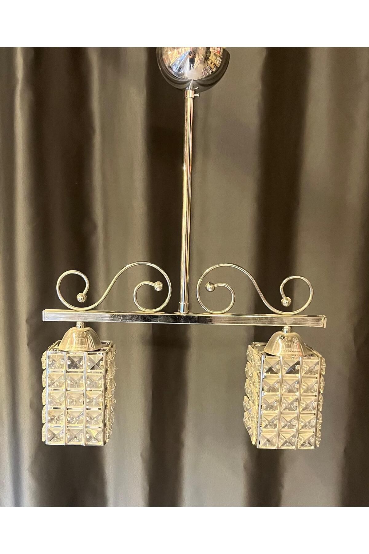 Şaşmaz Elektro Market KROM 2 Lİ SARKIT AVİZE KRİSTAL CAMLI 42*55CM