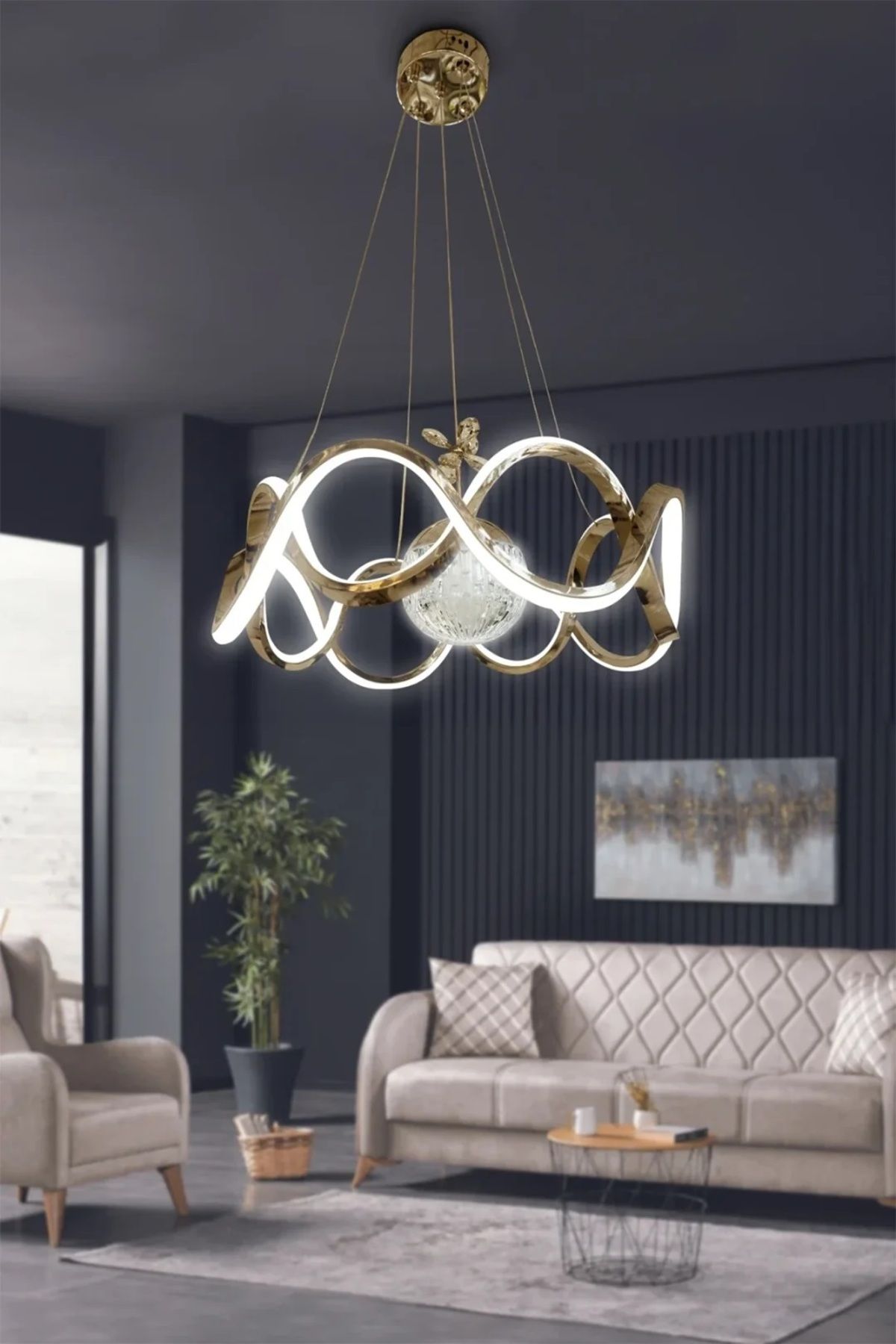 RSCOLLECTIONS Drift Modeli Modern Sarkıt Led Avize Kumandasız Gold