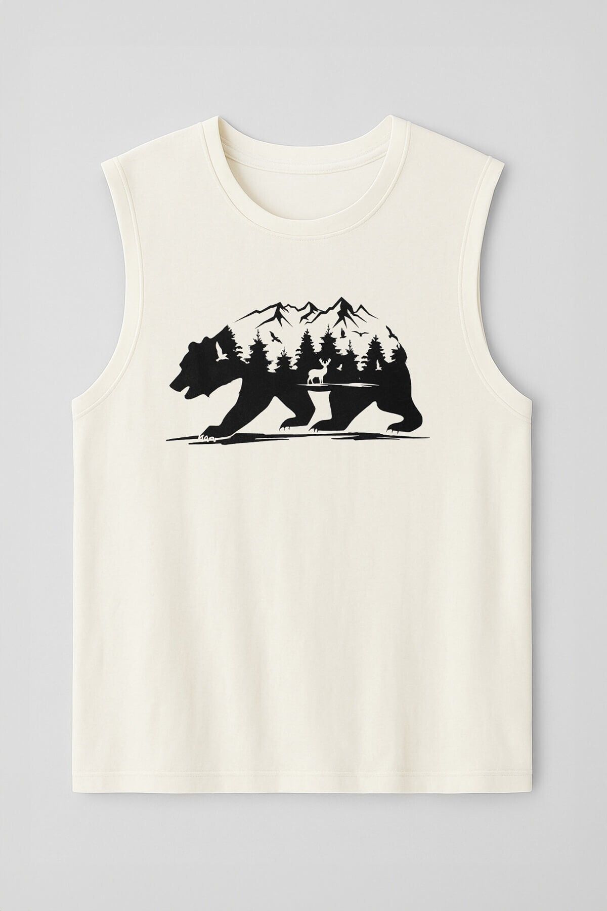 MARKAPIA Erkek %100 Pamuk Bisiklet Yaka Bear Baskılı Kolsuz T-shirt