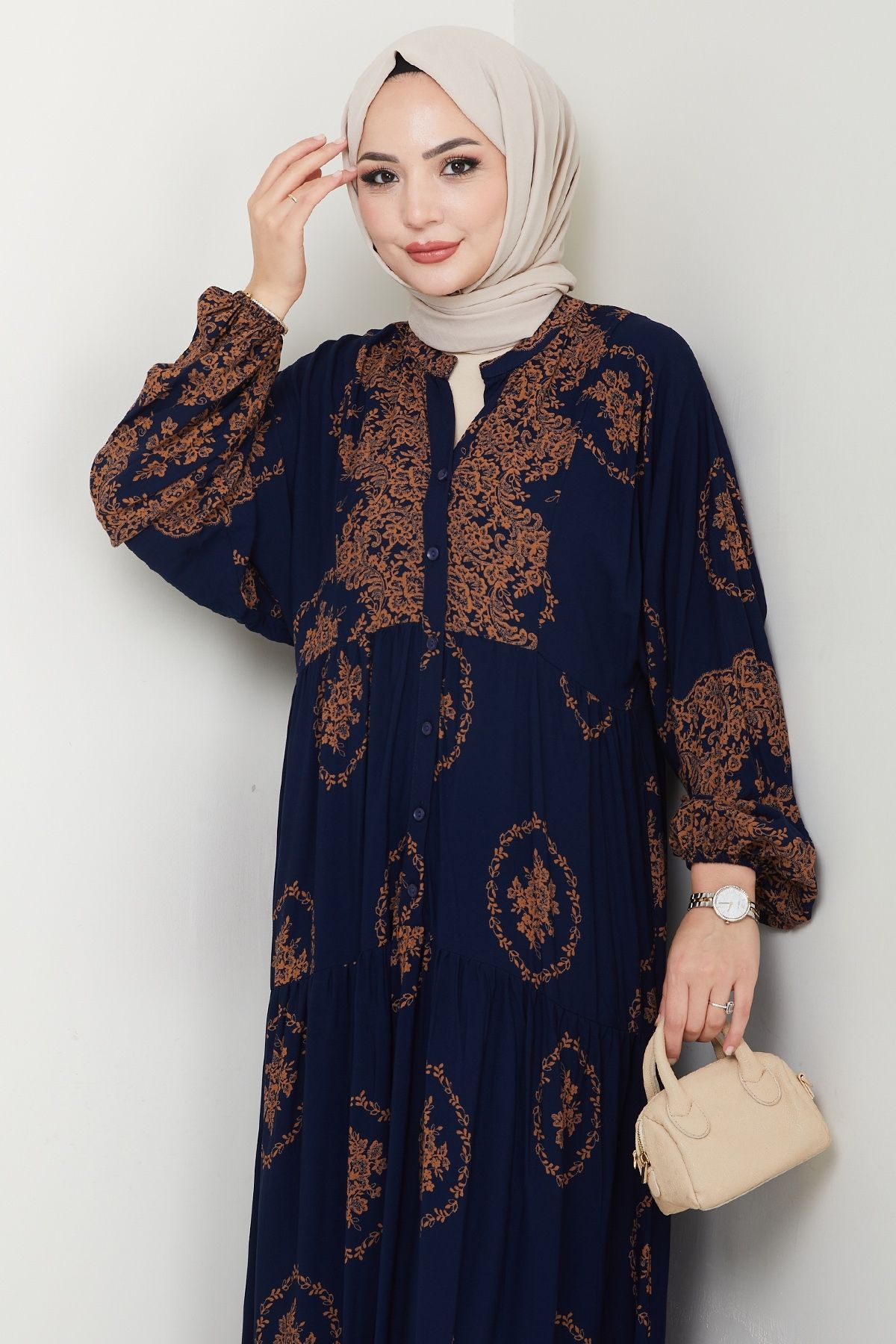InStyle-Gold Ethnic Pattern Navy Blue Viscose Dress 3