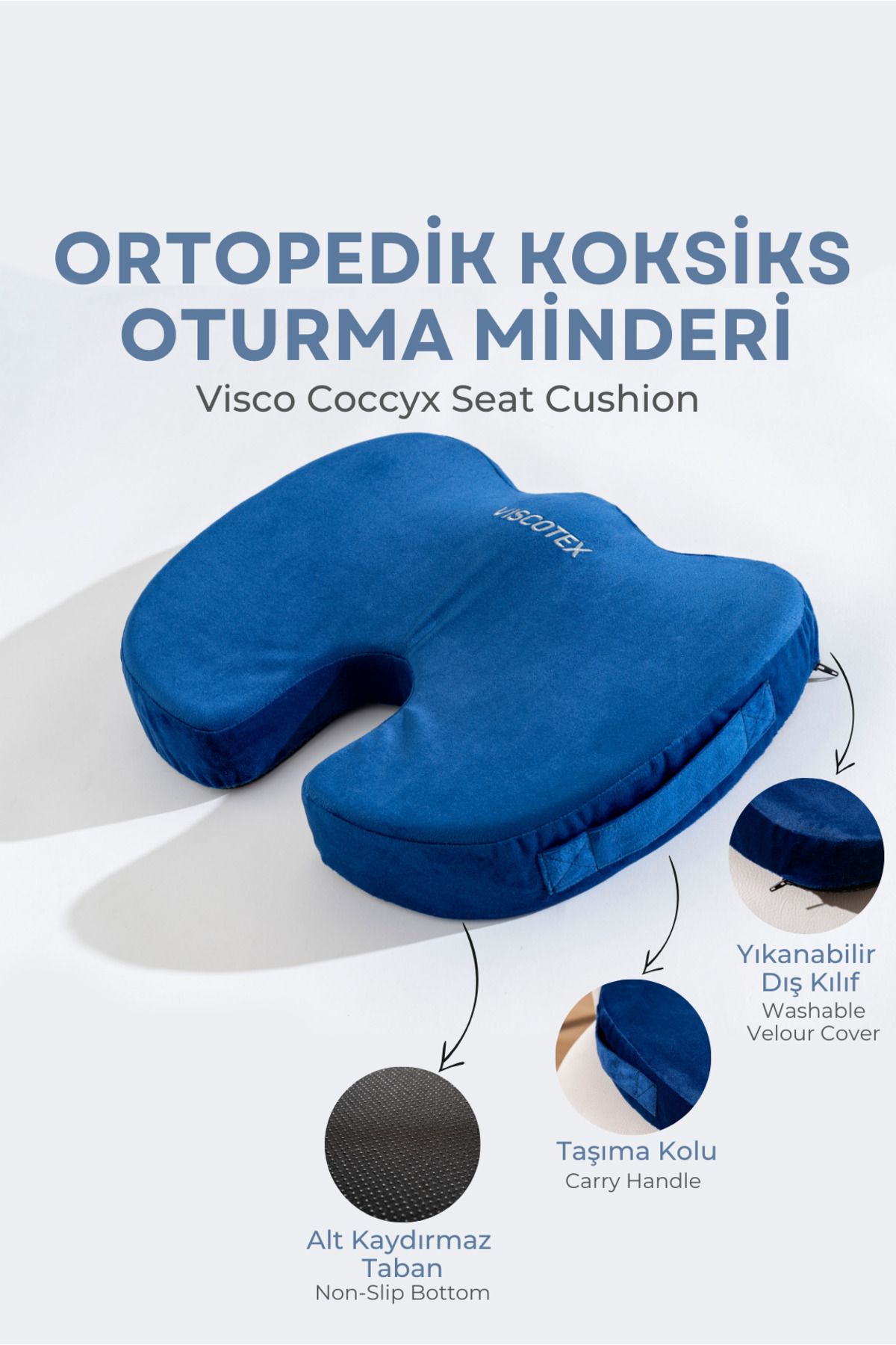 VİSCOTEX Visco Ortopedik, Kaydırmaz Tabanlı, Ofis, Araba, Koksiks Oturma Minderi, 45x34x7cm
