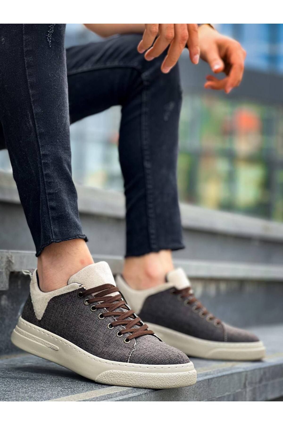 pabucmarketi Bağcıklı Keten Erkek Hı Sneaker BEJ (BEJ TABAN)