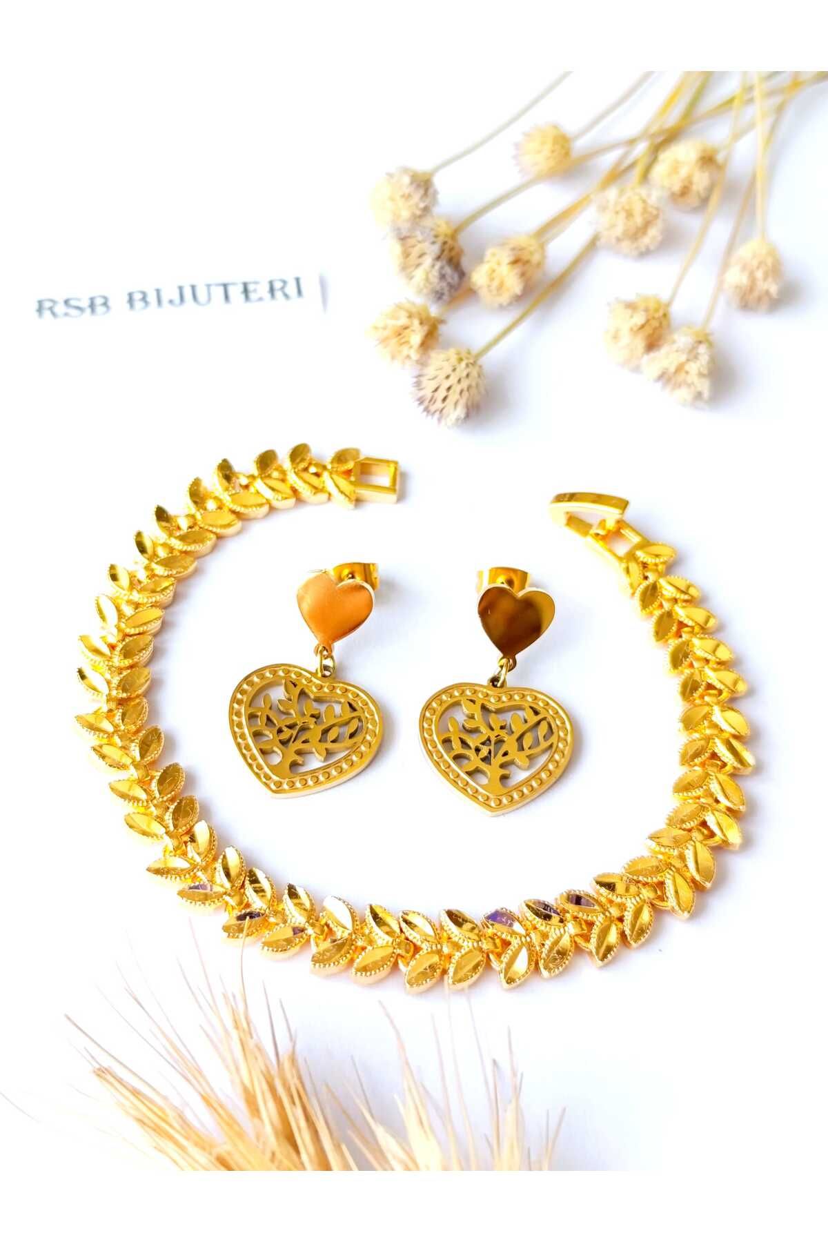 RSB Bijuteri Küpe Kalp Sallantılı Yaşam Ağacı ve Bileklik Yaprak Altın Kaplama 316 L Çelik + Hediye Paket