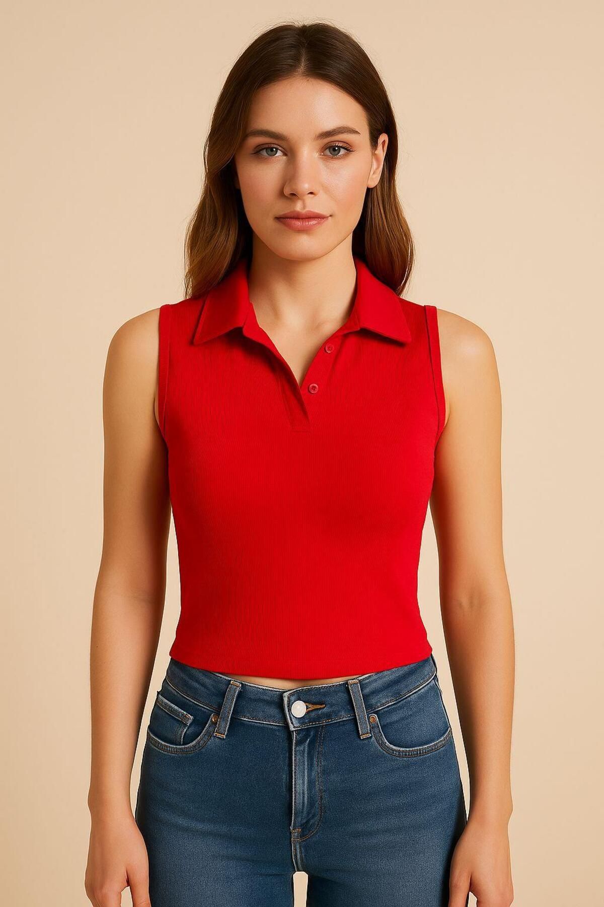 BELISTIL Kırmızı Polo Yaka Sıfır Kollu Fitilli Tshirt