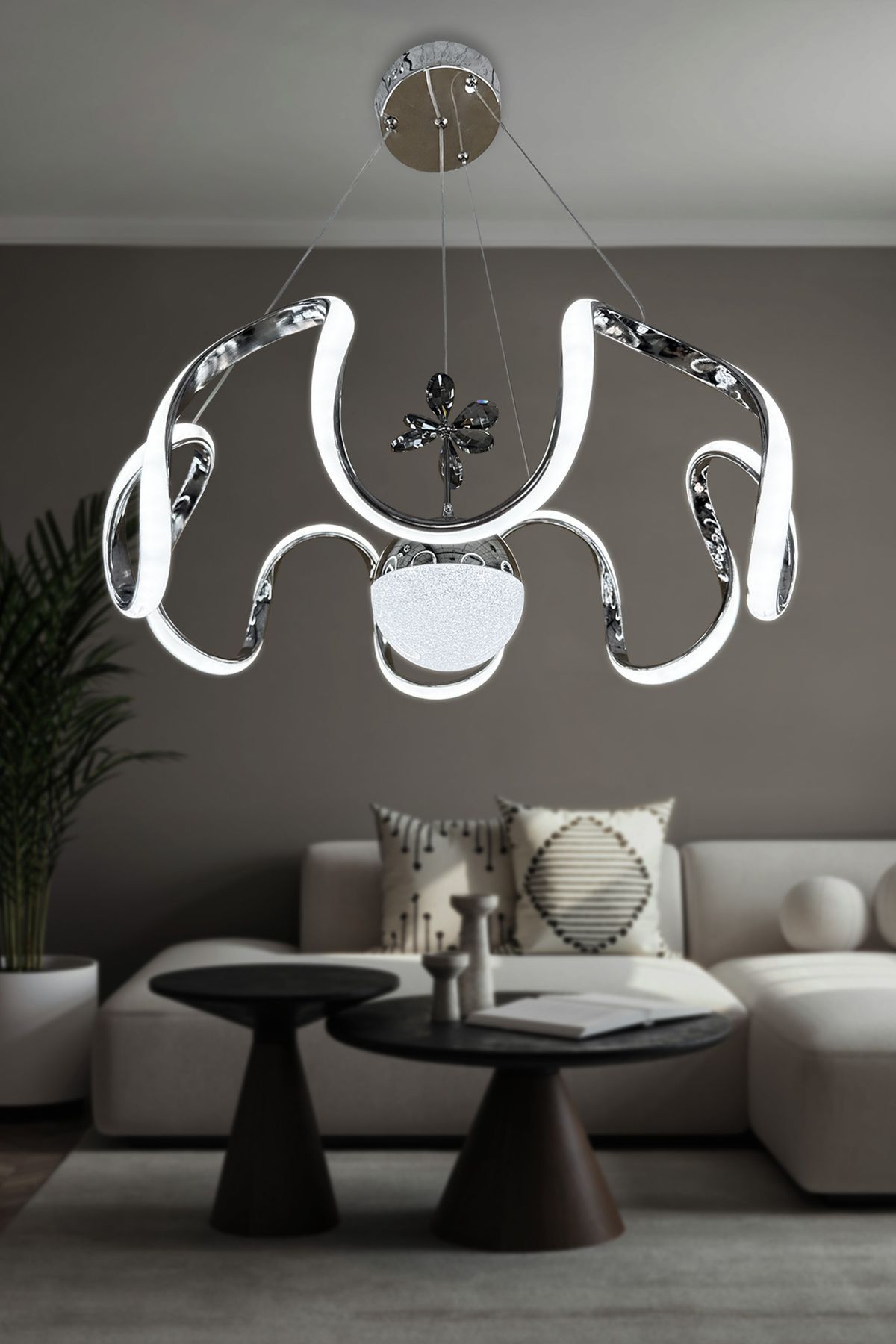 RSCOLLECTIONS Arya Tek Toplu Led Avize 3 mt Kumandalı Krom