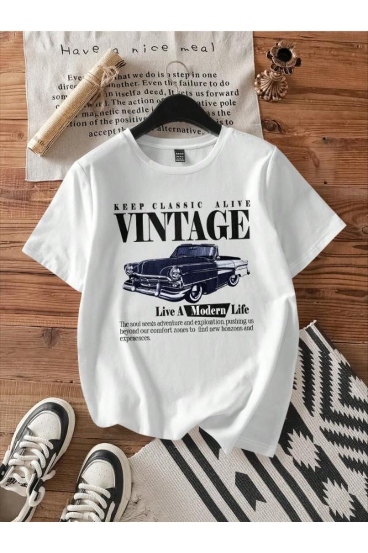 COMANCHERO Attitoon Casual Minimalist Vintage Araba Baskılı Yuvarlak Yaka Kısa Kollu Tişört Kadınlar