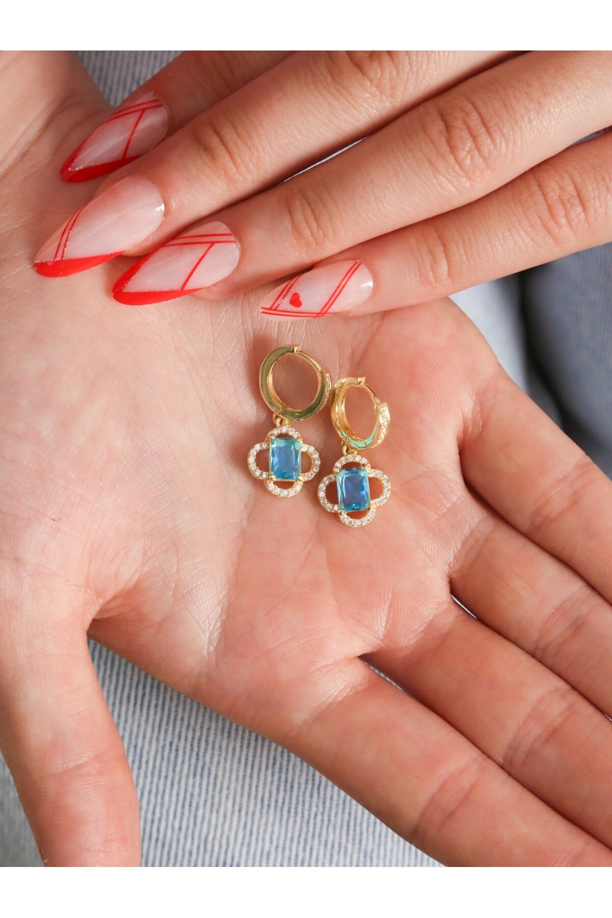 LİNOVE JEWELLERY Aqua Yonca Gümüş Küpe, 925 Ayar Baget Küpe, Yonca Küpe, Aquamarine Küpe, Gümüş Küpe