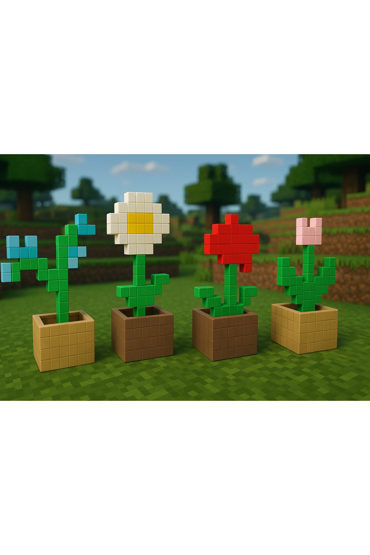 3D Stuff Minecraft 4 adet çiçek set - orchid - lale - papatya- kırmızı çiçek