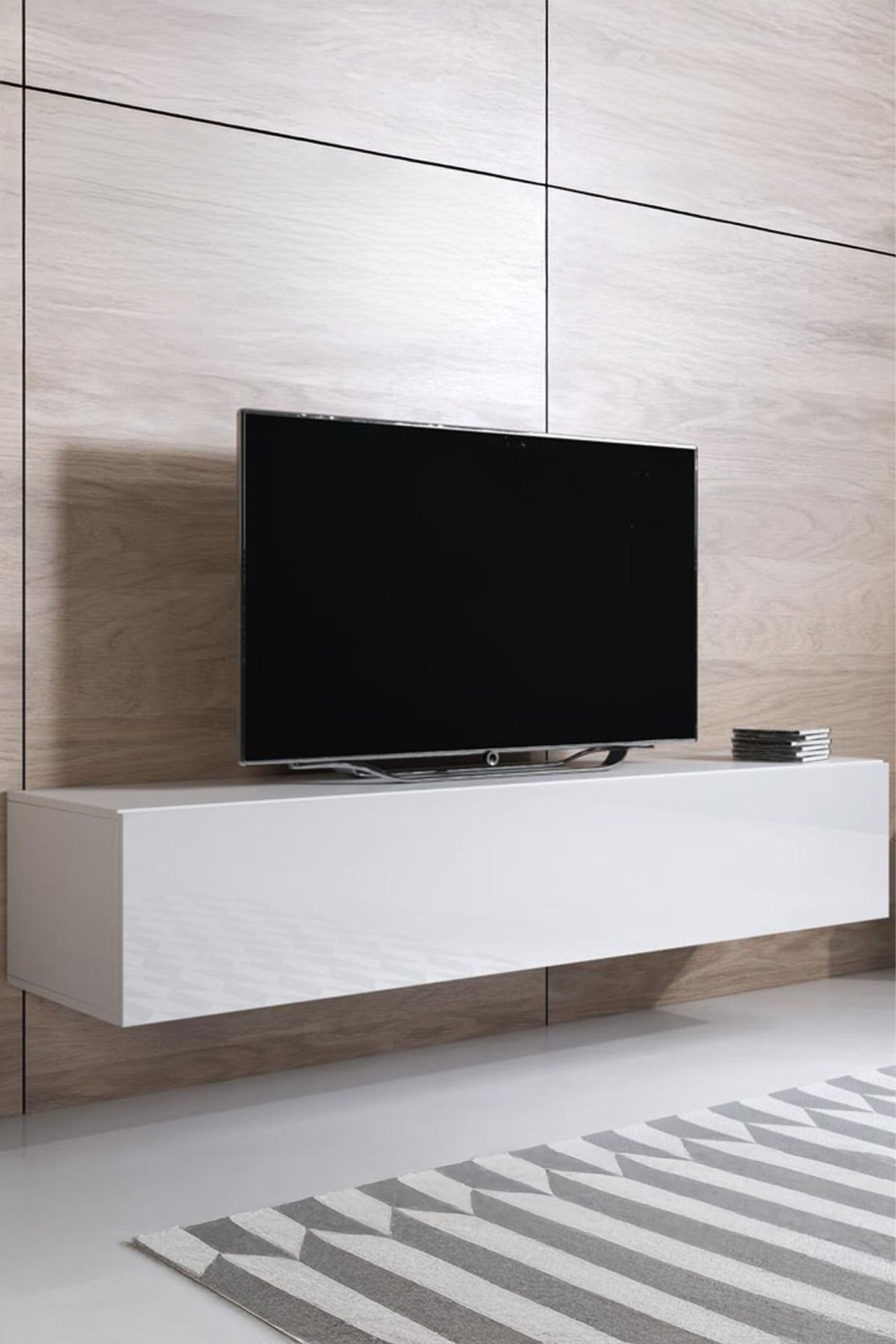 ECM Modern TV Ünitesi Duvara Monte Kapaklı TV Sehpası Minimal Salon Raflı Depolama Ünitesi Beyaz 160cm