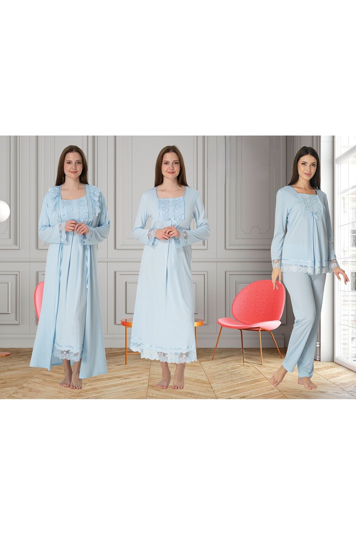 LOHOUSE Kadın Mavi Kol ve Yaka Dantelli Pamuklu Lohusa Hamile Gecelik-Sabahlık ve Pijama Takım 4'lü Set