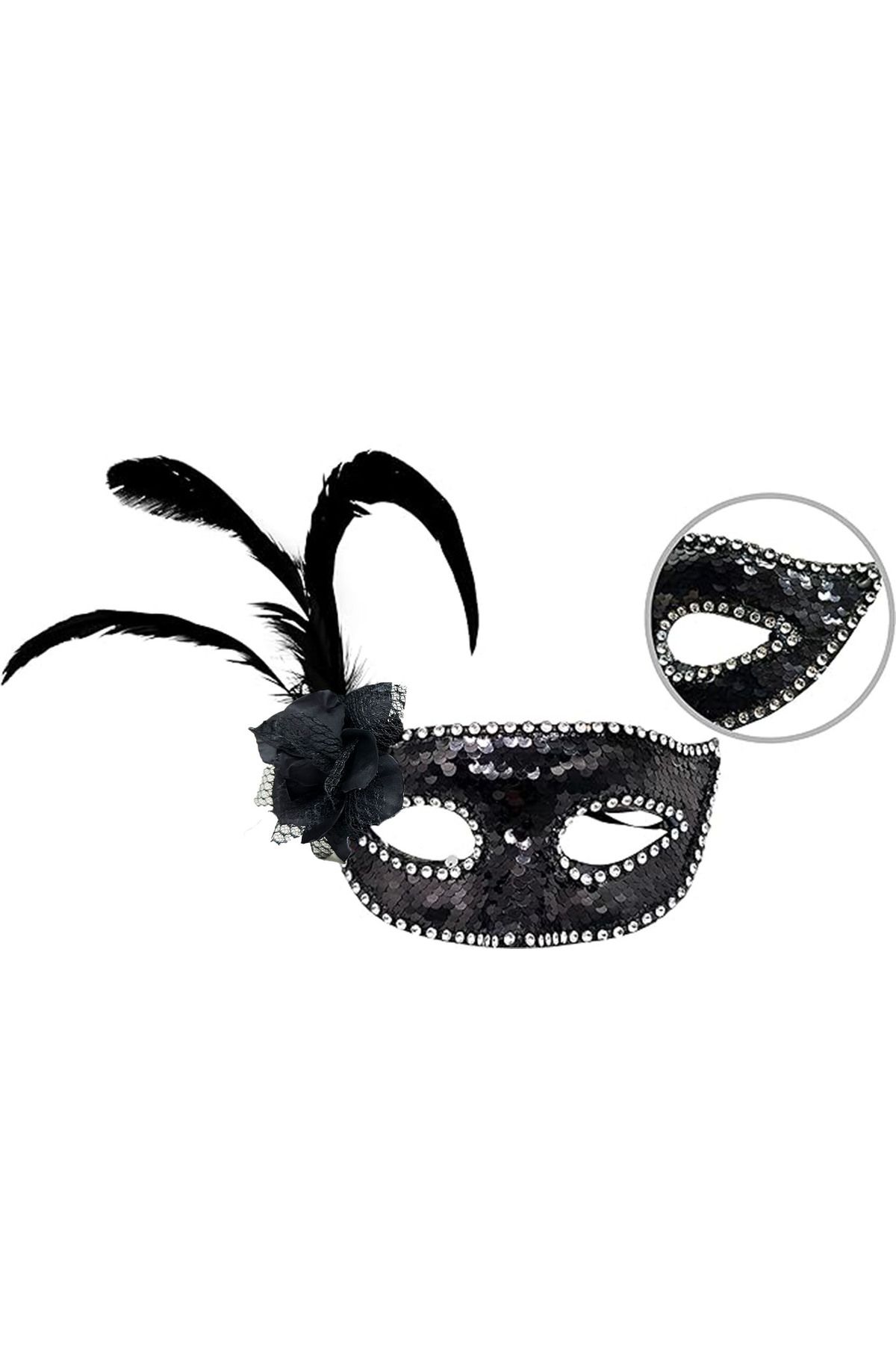 Serero Siyah Renk Yandan Tüylü Güllü Gümüş Taşlı Pullu Maske 20x22 cm