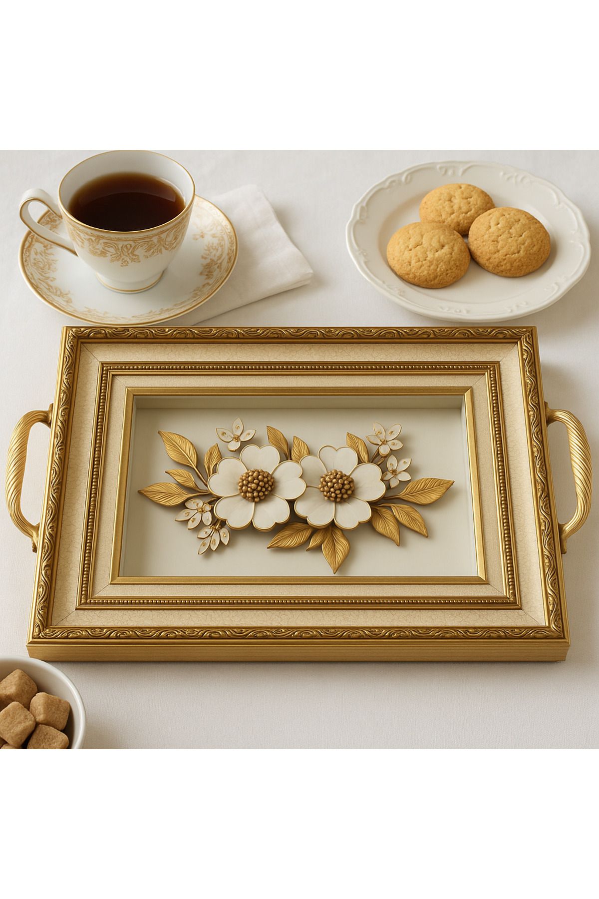 Mareluxe Gold Rölyef Çiçek Tasarımlı Lüks Dekoratif Sunum ve Çay Tepsisi | Özel Tasarım, Şık Hediye Seçeneği