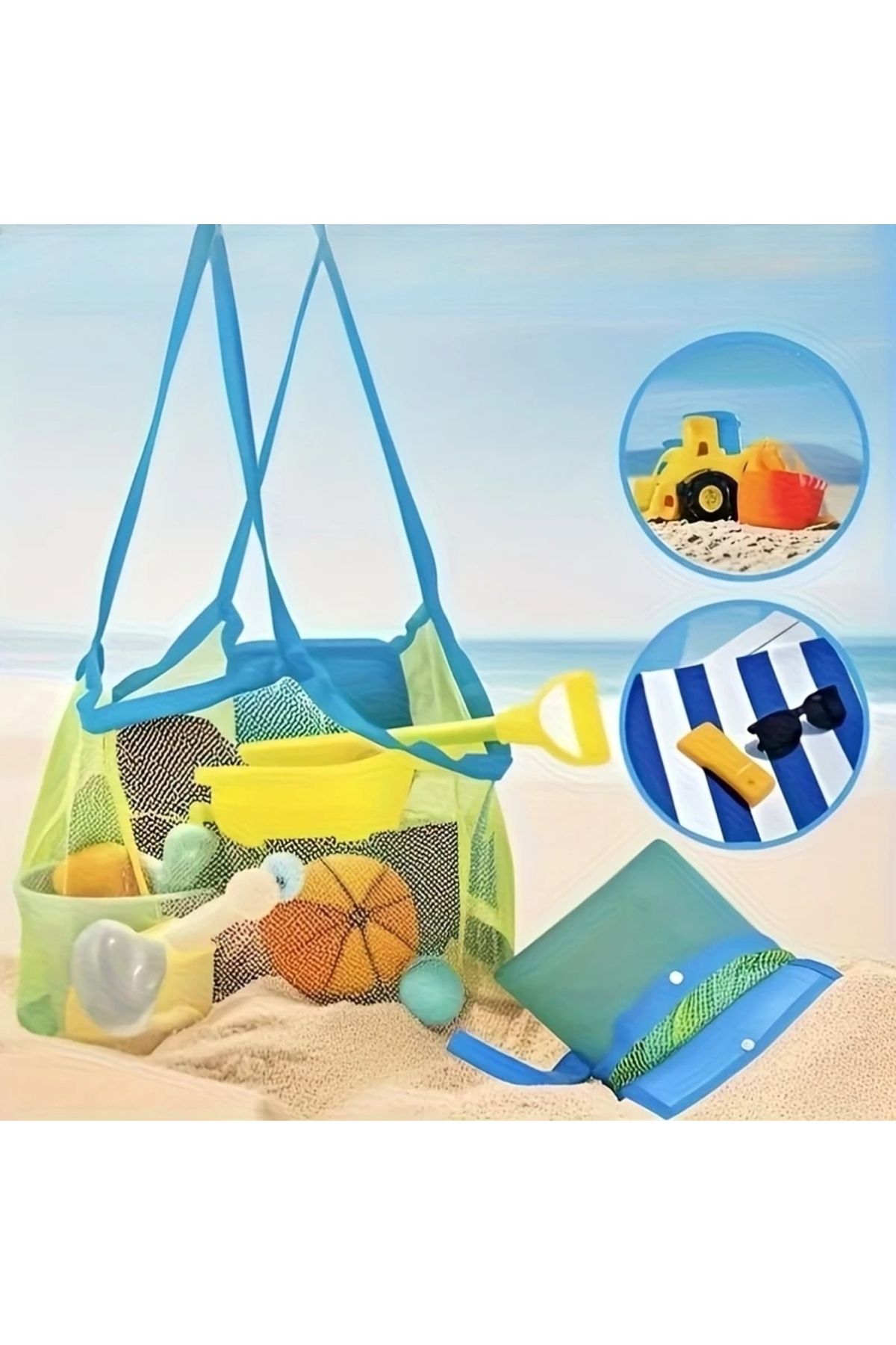 GlassySKY Fileli Büyük Boy Hafif Katlanır Plaj Çantası Oyuncak Çantası,Tatil Deniz Kumsal Çanta