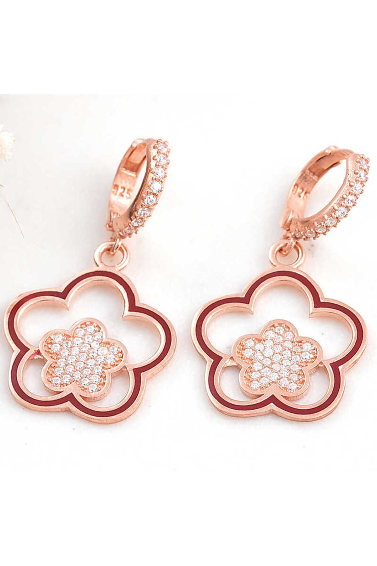 Serero 925 Ayar Gümüş Rose Sallantılı Çiçek Desenli Kadın Küpe