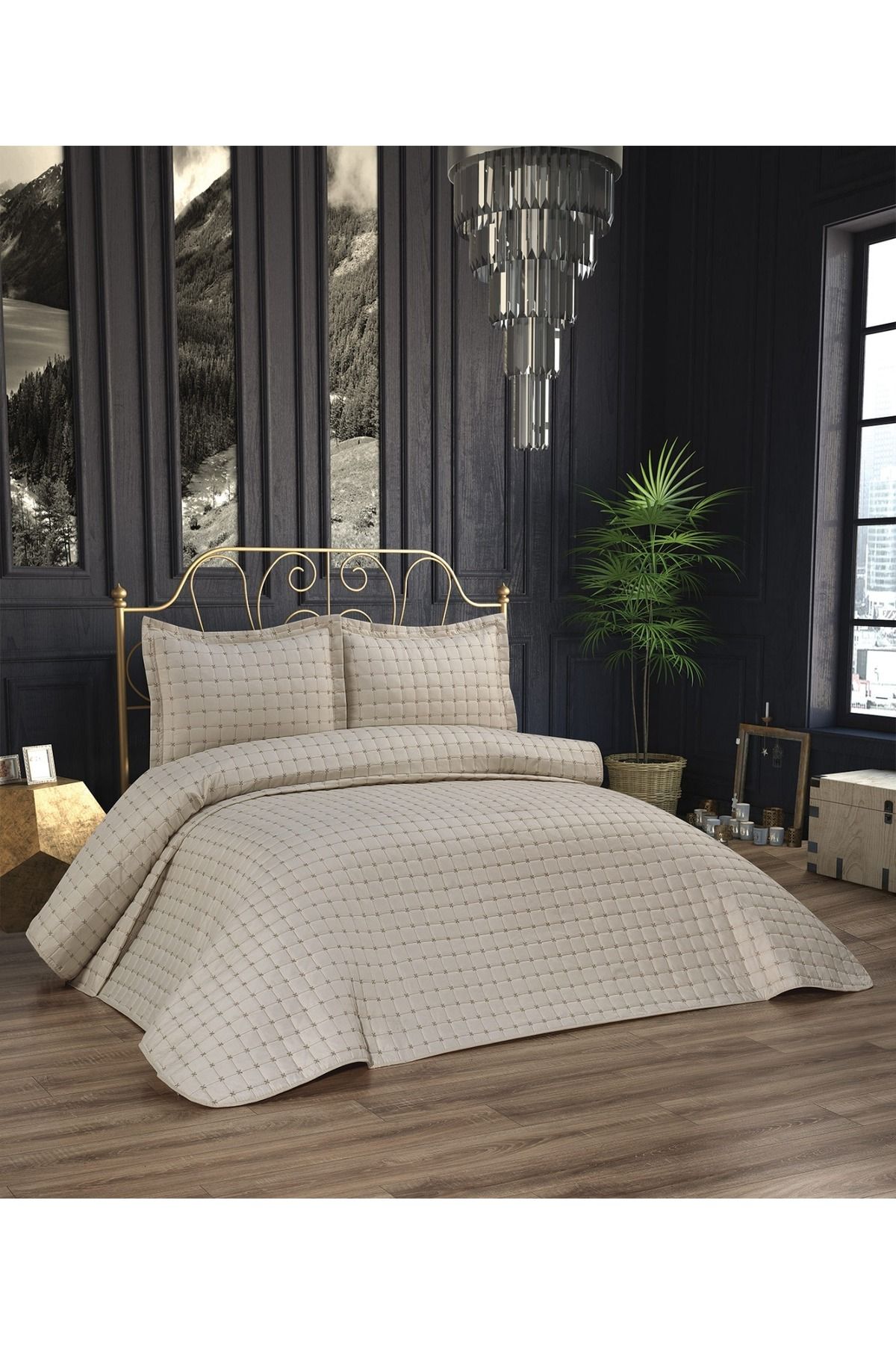 d'niss home touch of nature in your home Yıldız Kapitoneli 3 Parça Çift Kişilik Yatak Örtüsü
