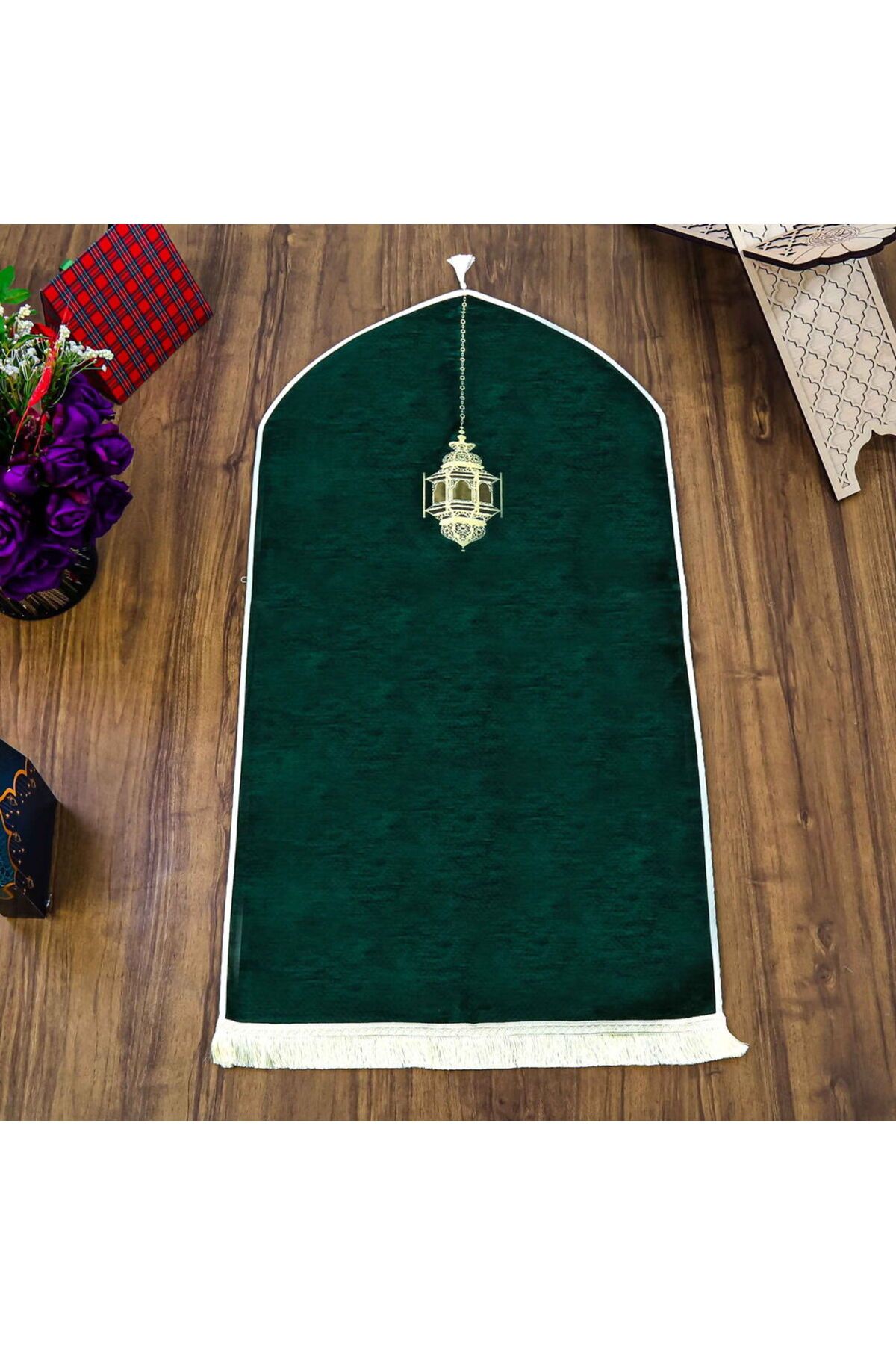 İkranur Mahya Lüks Astarlı Biyeli Şönil Seccade Yeşil (66X125cm) 565 gr