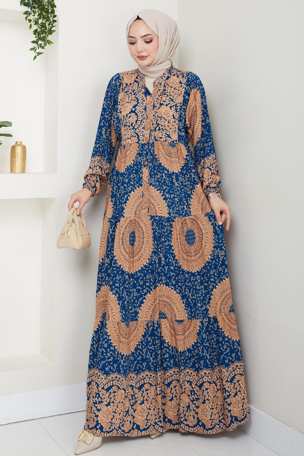 InStyle Mandala Desen İndigo Viskon Elbise