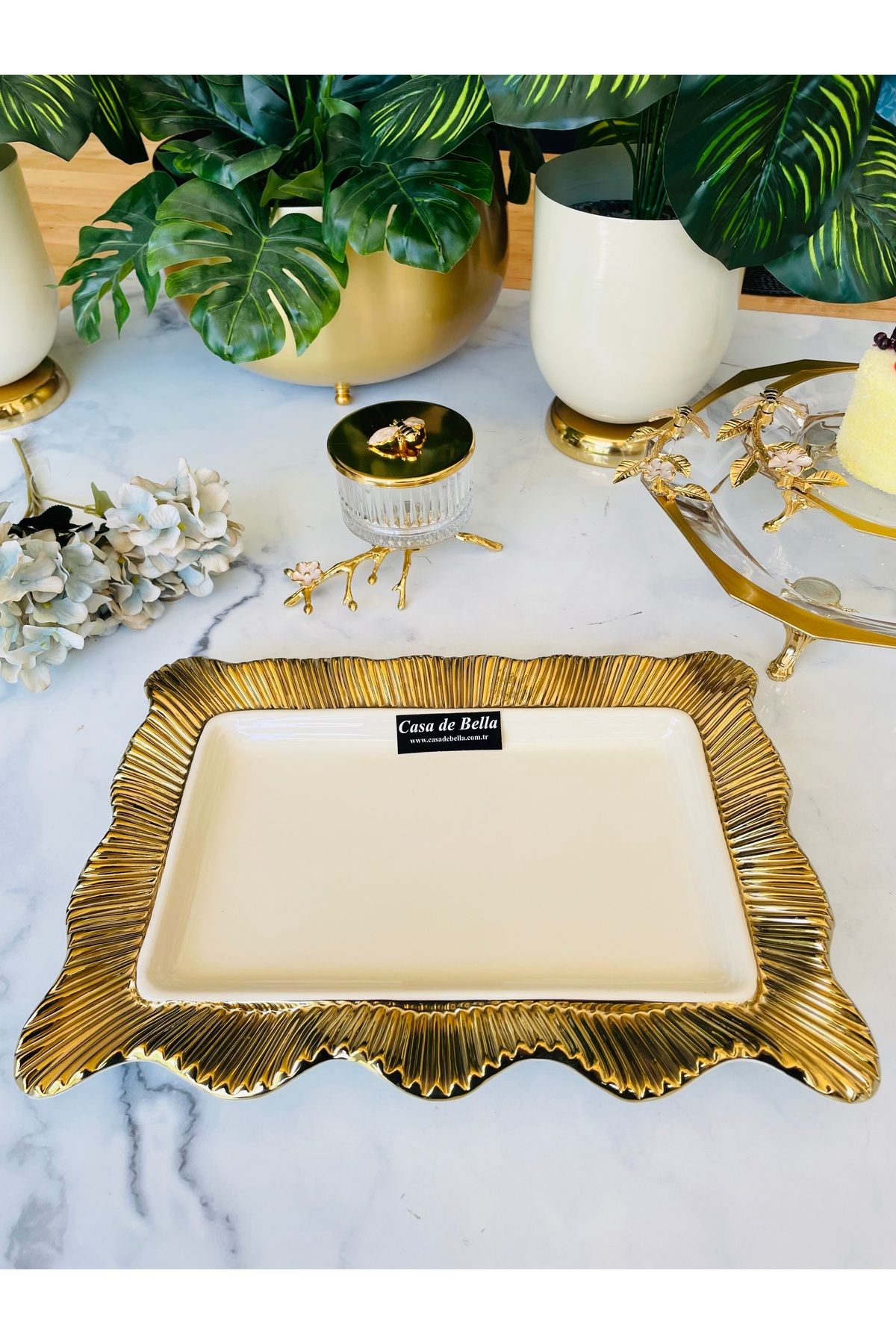 CASA DE BELLA Gold Büyük Boy Dikdörtgen Sunum Servisi 36cm