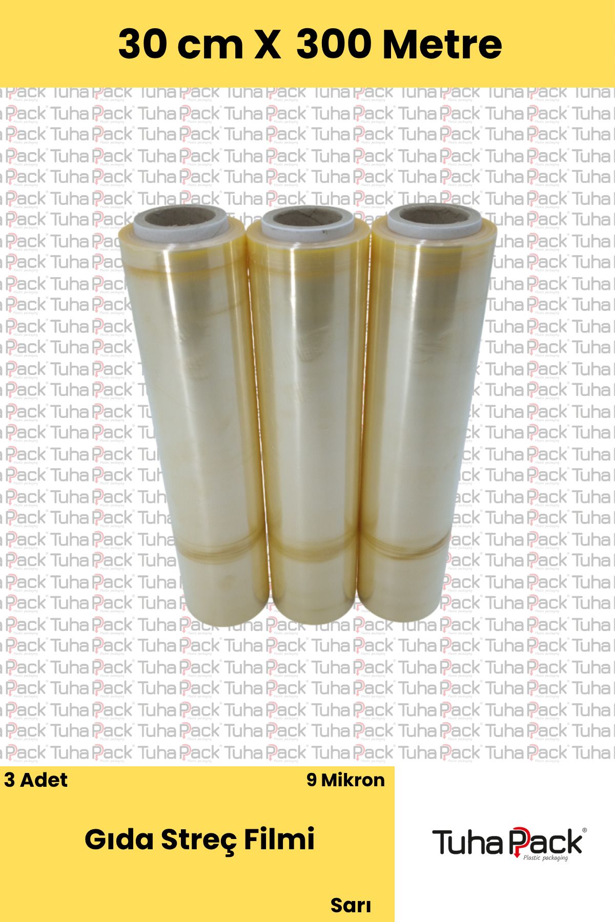 tuhapack plastic packaging Gıda Streç Filmi 30cm x 300m - 9 Mkrn, Sarı, 3 Adet, Gıda Temasına Uygun