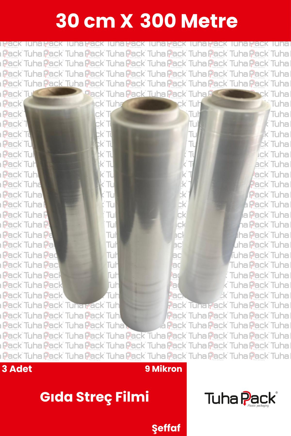 tuhapack plastic packaging Gıda Streç Filmi 30cm x 300m - 9 Mkrn, Şeffaf, 3 Adet, Gıda Temasına Uygun