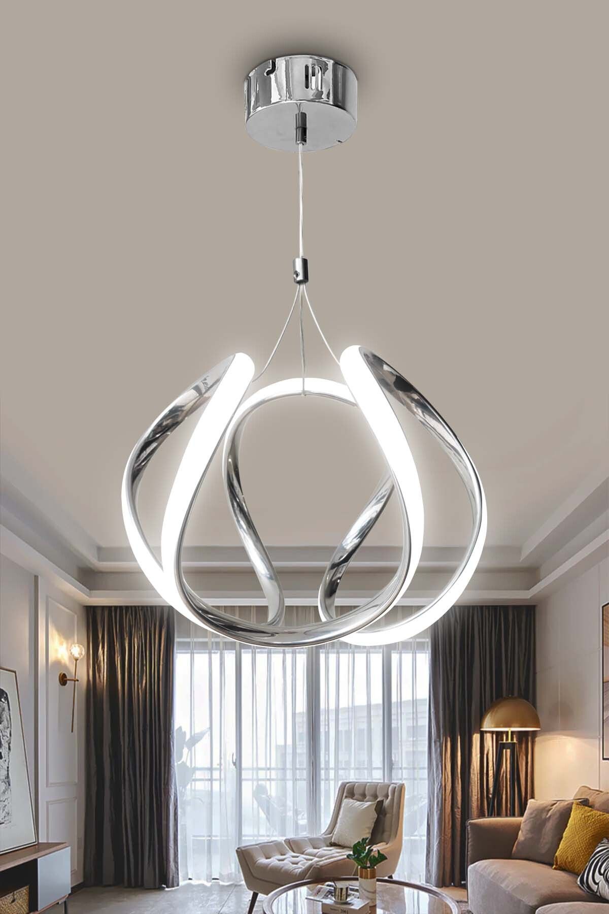 RSCOLLECTIONS Arya Topsuz Led Avize 2 mt - Salon & Oturma Odası Avizesi Beyaz Işık Krom