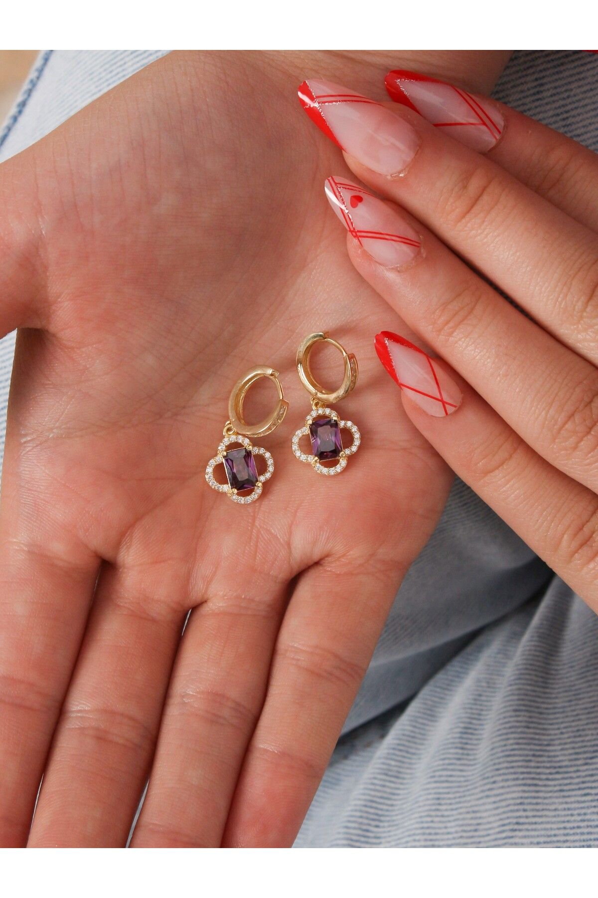 LİNOVE JEWELLERY Ametist Yonca Gümüş Küpe, 925 Ayar Gümüş Baget Küpe, Mor Taşlı Gümüş Küpe, Ametist Küpe