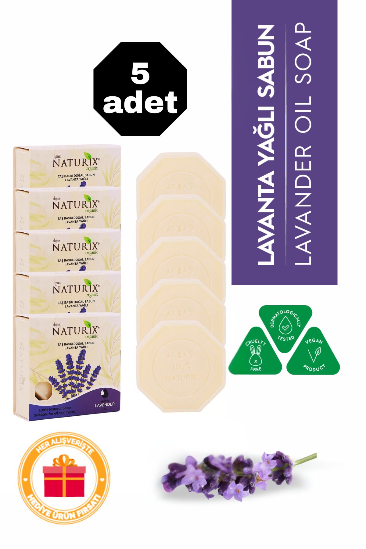 Naturix Lavanta Yağlı Taş Sabun 5'li Eko Paket Yağ Dengesi Ve Ferahlatıcı Cilt Bakımı - 5x125 gr