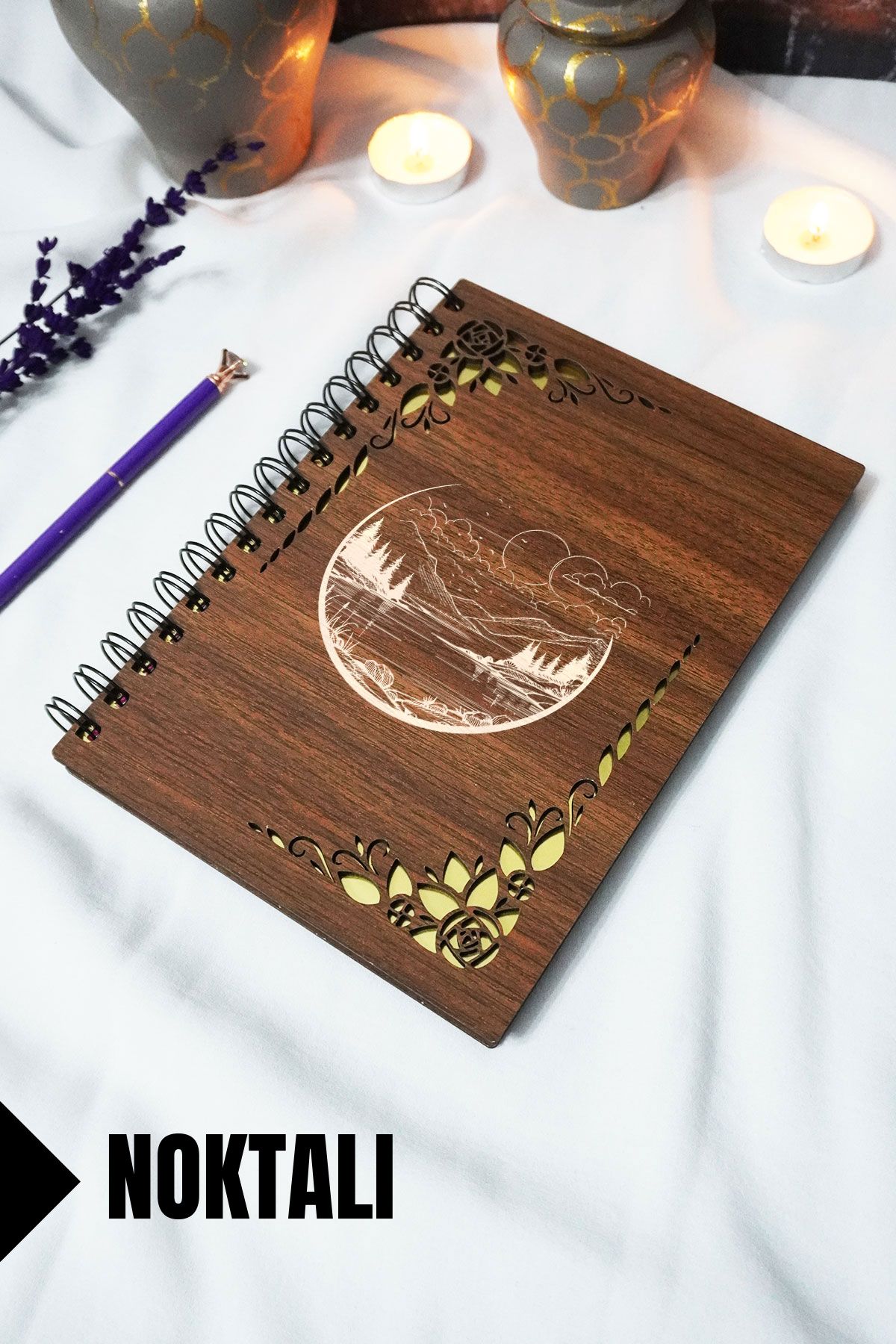 markcat Manzara Ahşap Kapaklı Spiralli Okul Defteri - Çizgili Defter - 60 yaprak (120 sayfa) - A5 15x21 cm