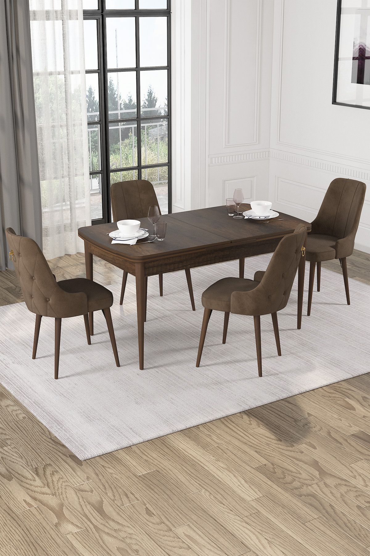 Hira Wessa Serisi 80x132 Açılabilir MDf Barok Ahşap Desen Masa Takımı 4 Kahve Sandalye