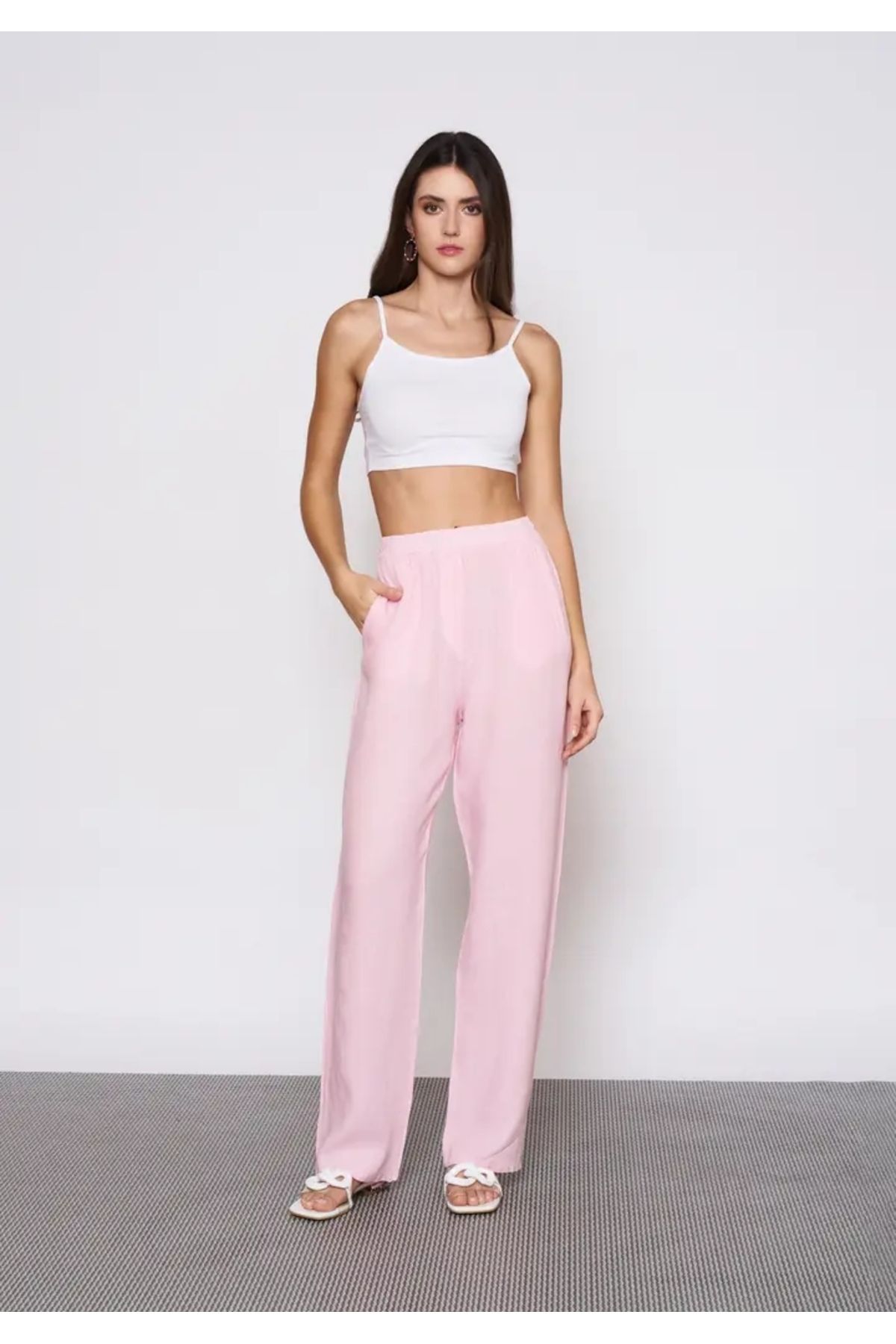EUROFASHION Pembe Beli Lastikli Keten Pantolon