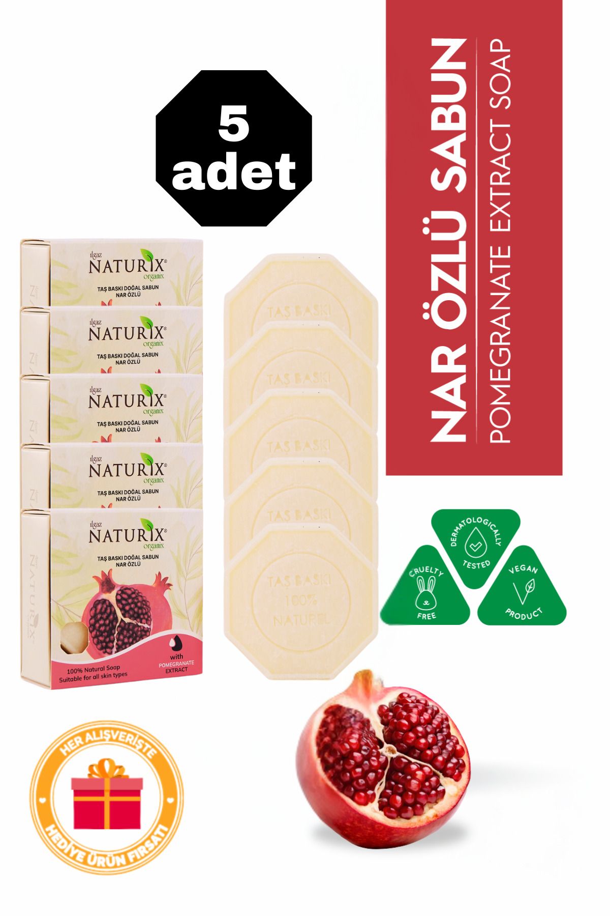 Naturix Nar Özlü Taş Sabun 5'li Eko Paket Cilt Tonu Dengeleyici ve Leke Bakımı - 5x125 gr