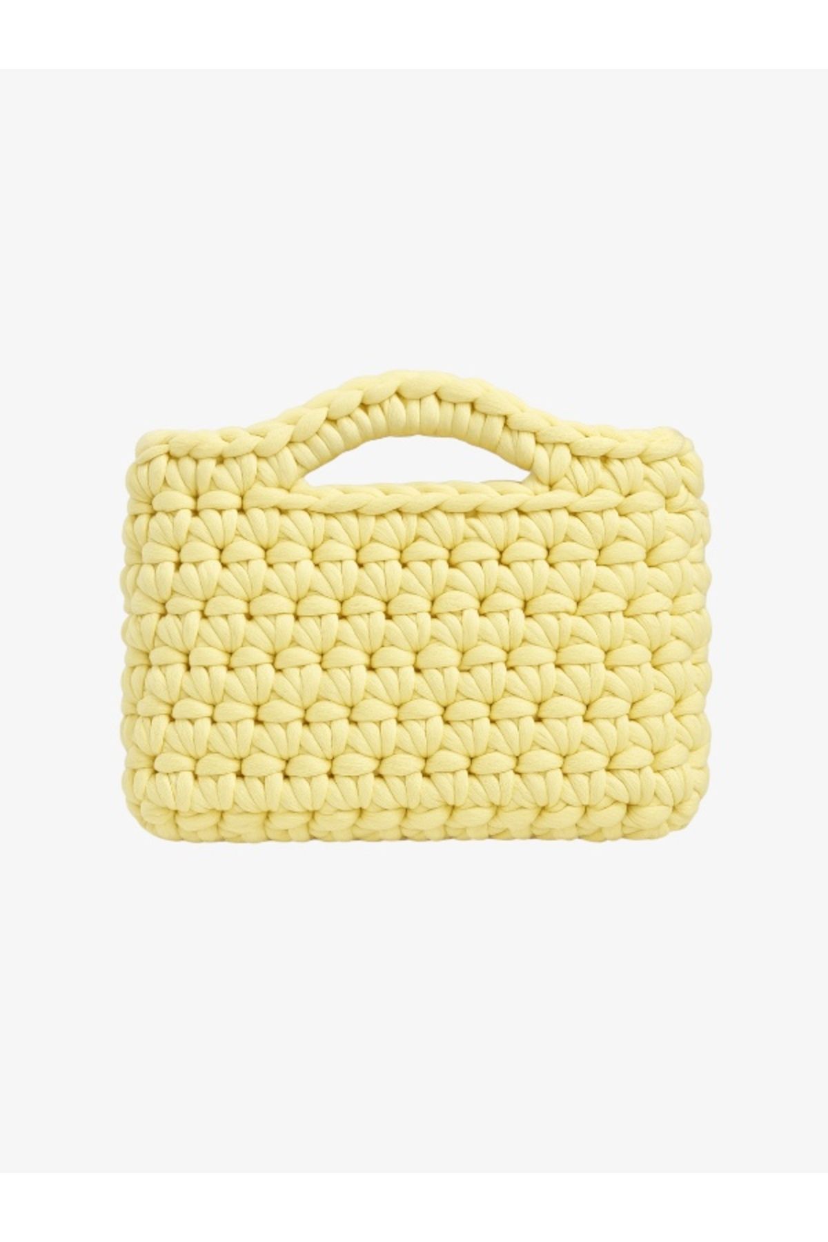 Qielle Penye Örme Sarı Renkli El Örmesi Clutch Çanta