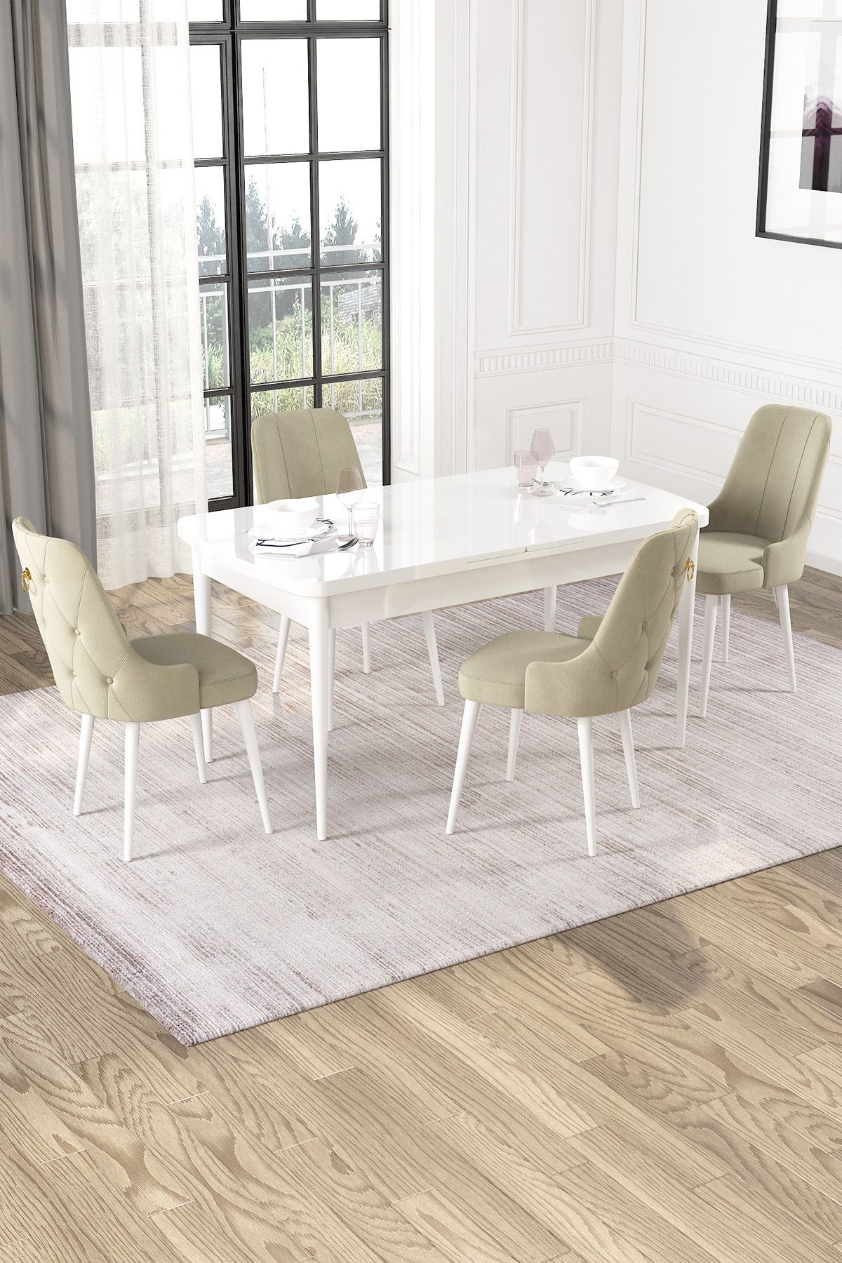 Hira Wessa Serisi 80x132 Açılabilir MDf Beyaz Masa Takımı 4 Krem Sandalye