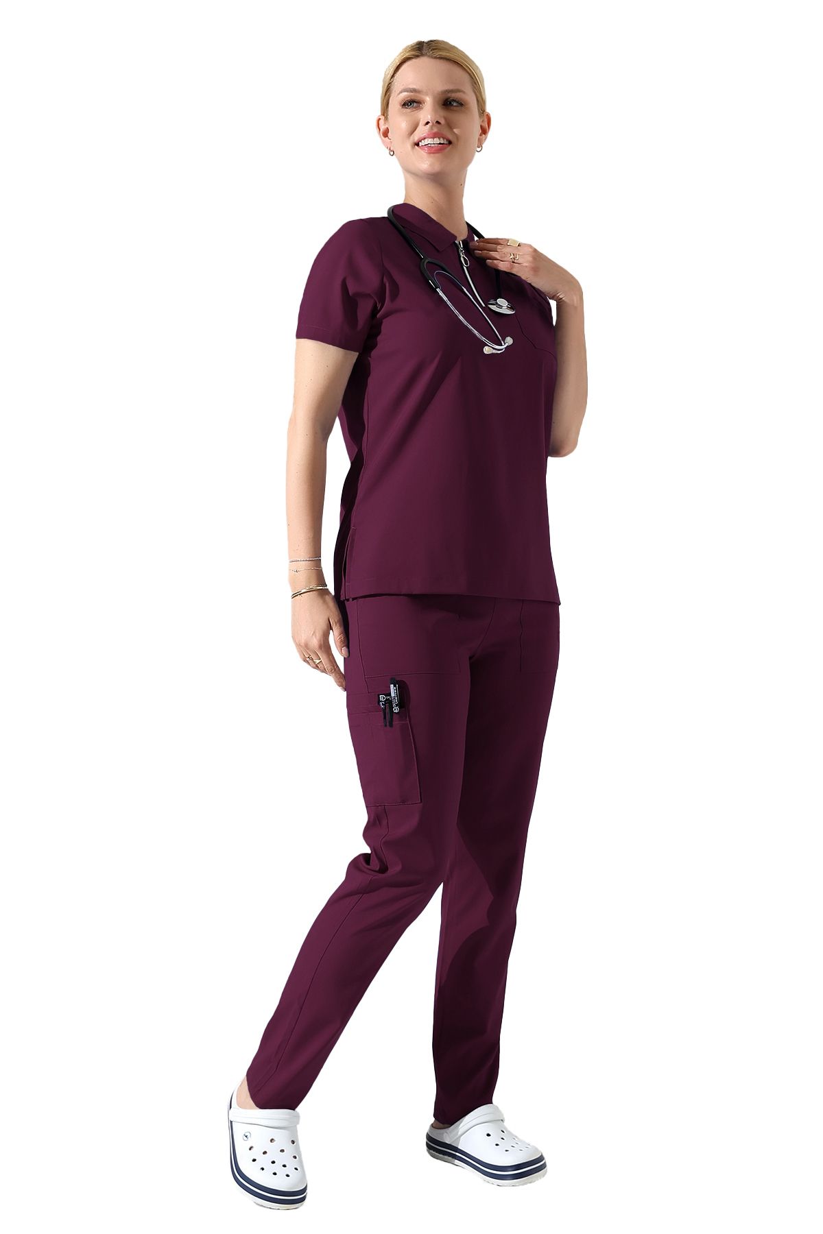 BEDUCA Mürdüm Likralı Polo Yaka Doktor Scrubs Takımı, Estetisyen Ve Güzellik Merkezi Kıyafeti