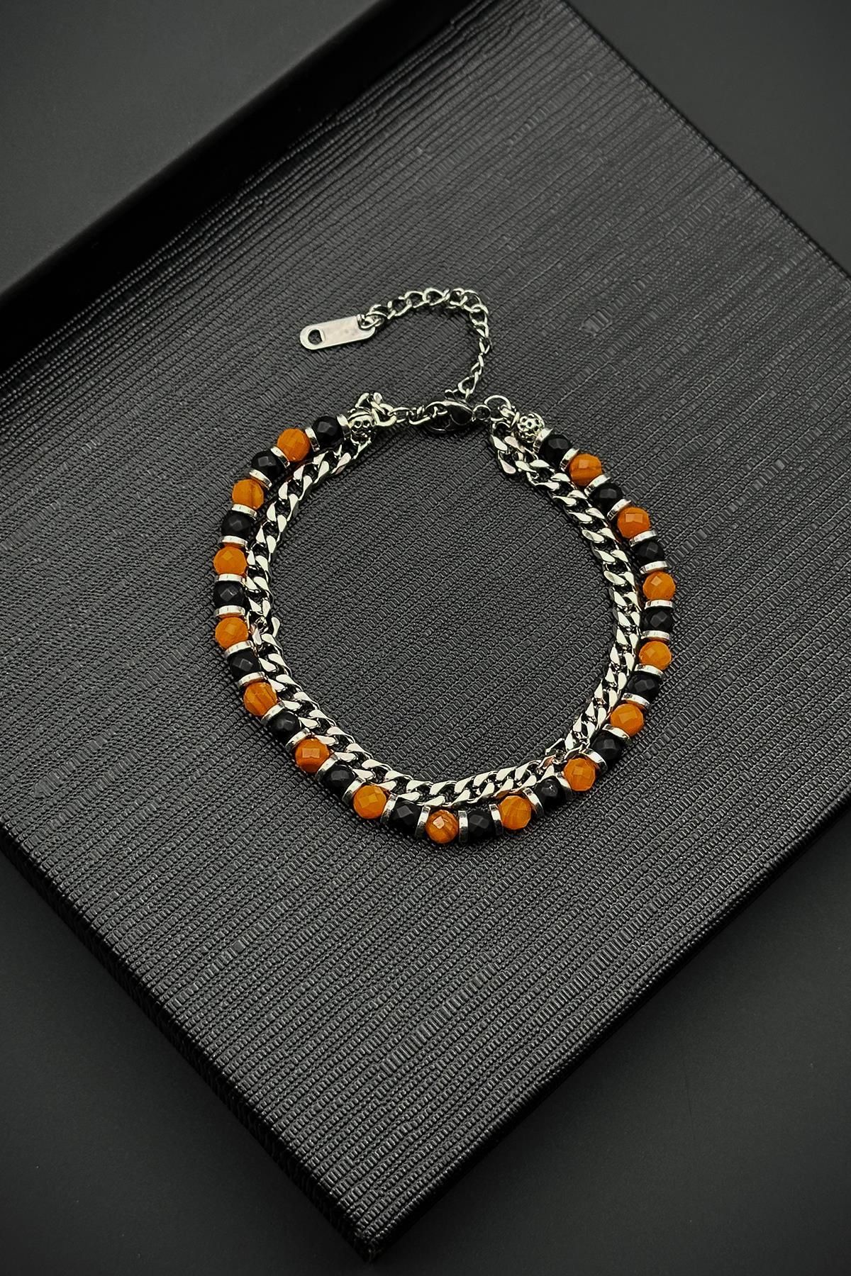 FRNCH 316L Çelik Onyx ve Doğal Taşlı Turuncu Renk Erkek Bileklik FRJ12540-3540-BK