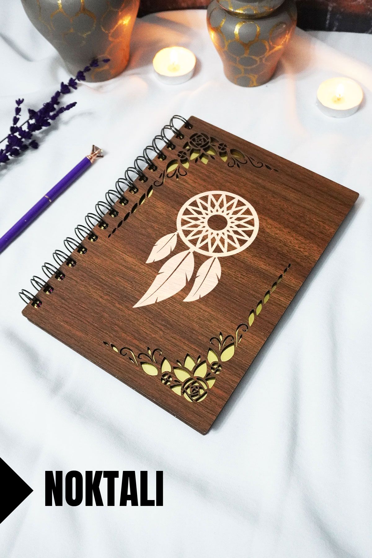 markcat Rüya Kapanı Ahşap Kapaklı Spiralli Defter - Noktalı Defter - 60 Yaprak (120 SAYFA) - A5 15x21 Cm