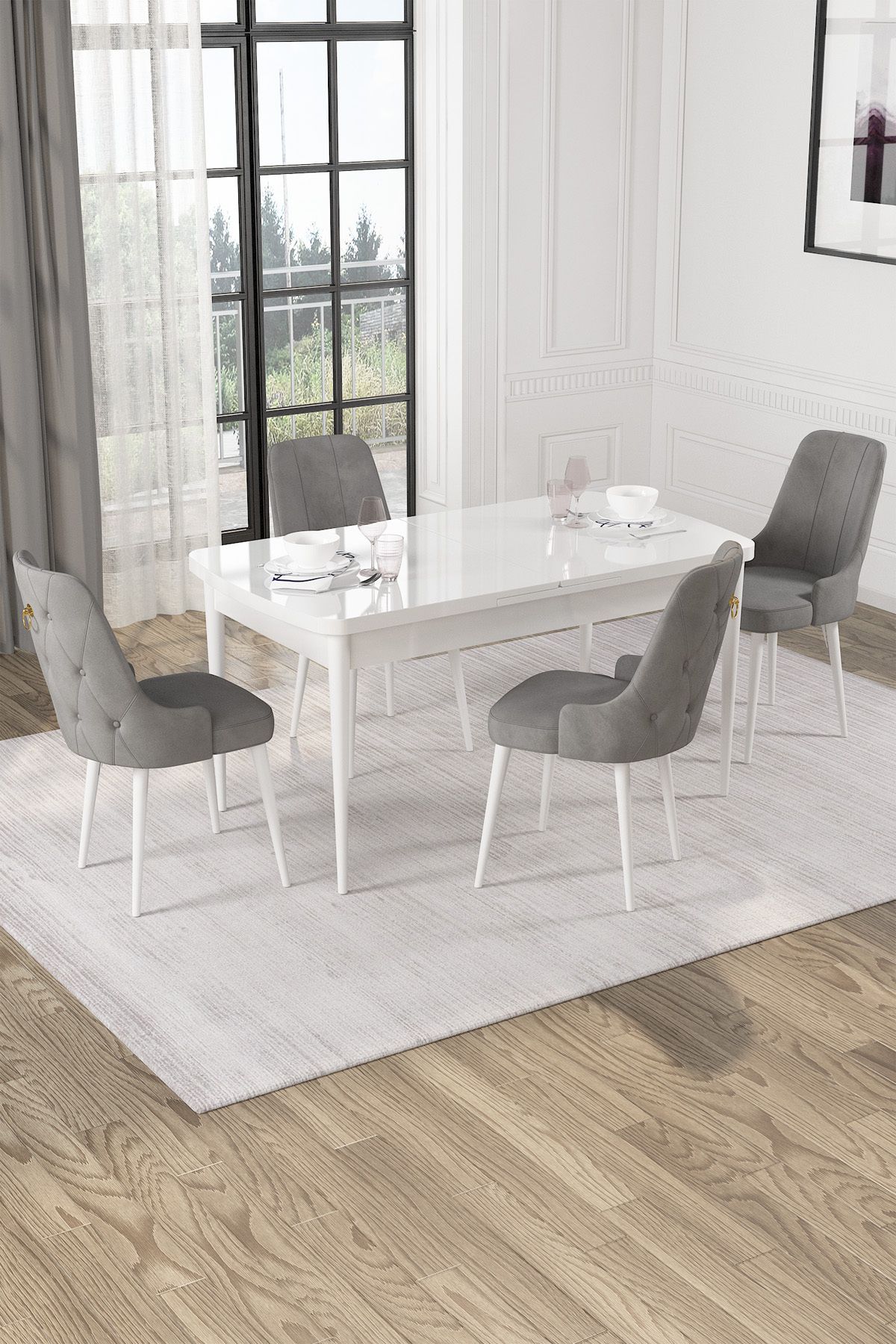 Hira Wessa Serisi 80x132 Açılabilir MDf Beyaz Masa Takımı 4 Gri Sandalye